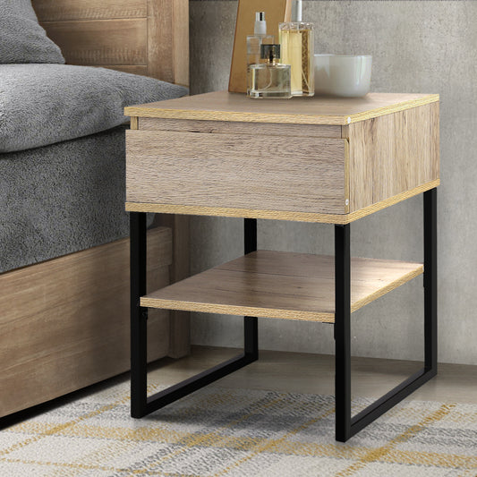 Welland Particle Board & Metal Bedside Tables Chest Style - Natural Wood