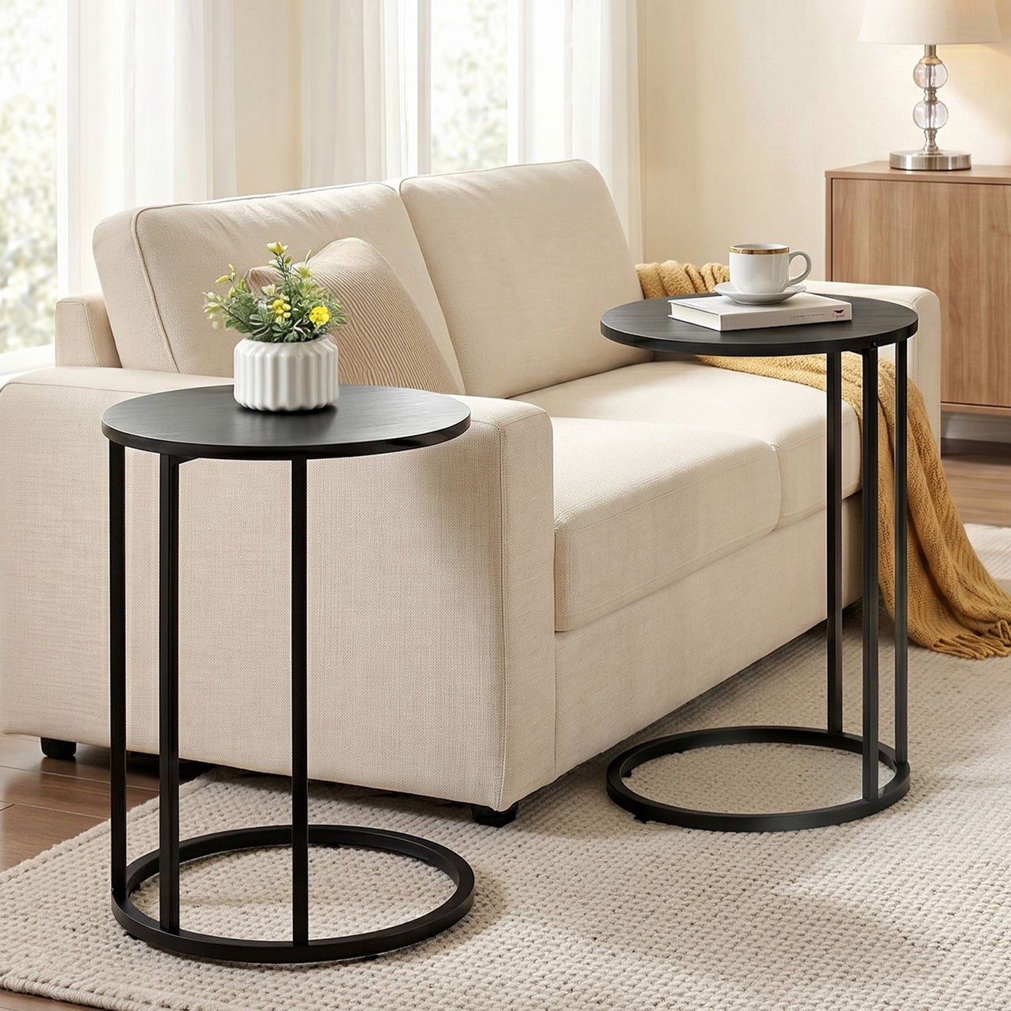 Ioannis C Shaped End Table Set of 2 Coffee Table Side Table Round Black