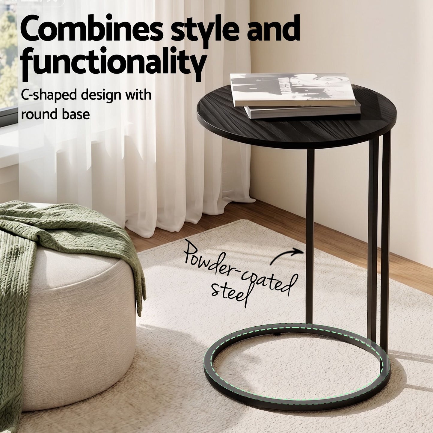 Ioannis C Shaped End Table Set of 2 Coffee Table Side Table Round Black