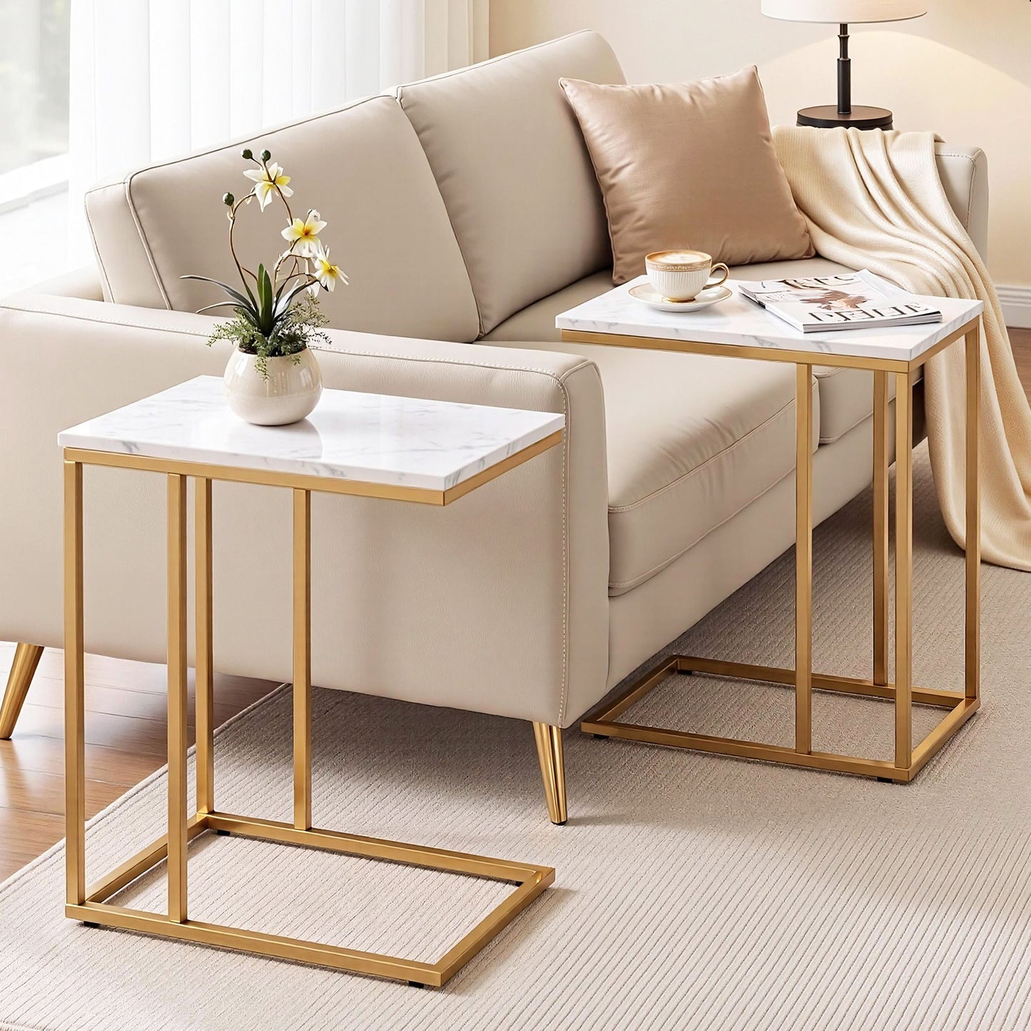 Isigonus Set of 2 Side End Table Marble Effect - White