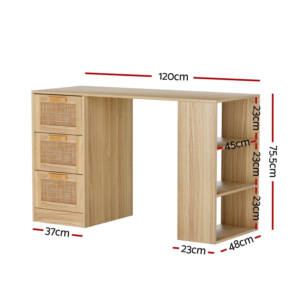 Artiss Computer Desk Drawer Shelf Home Office Study Table Rattan Oak 120cm