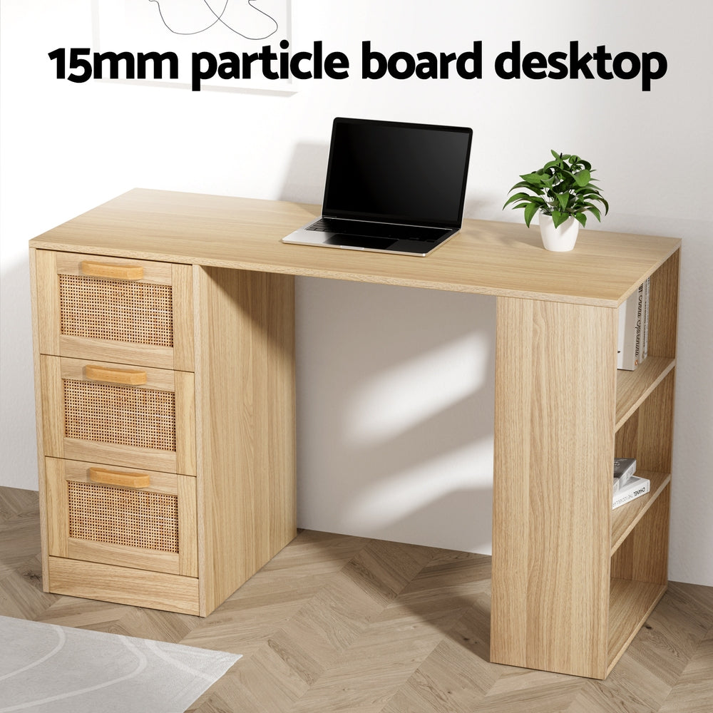 Artiss Computer Desk Drawer Shelf Home Office Study Table Rattan Oak 120cm