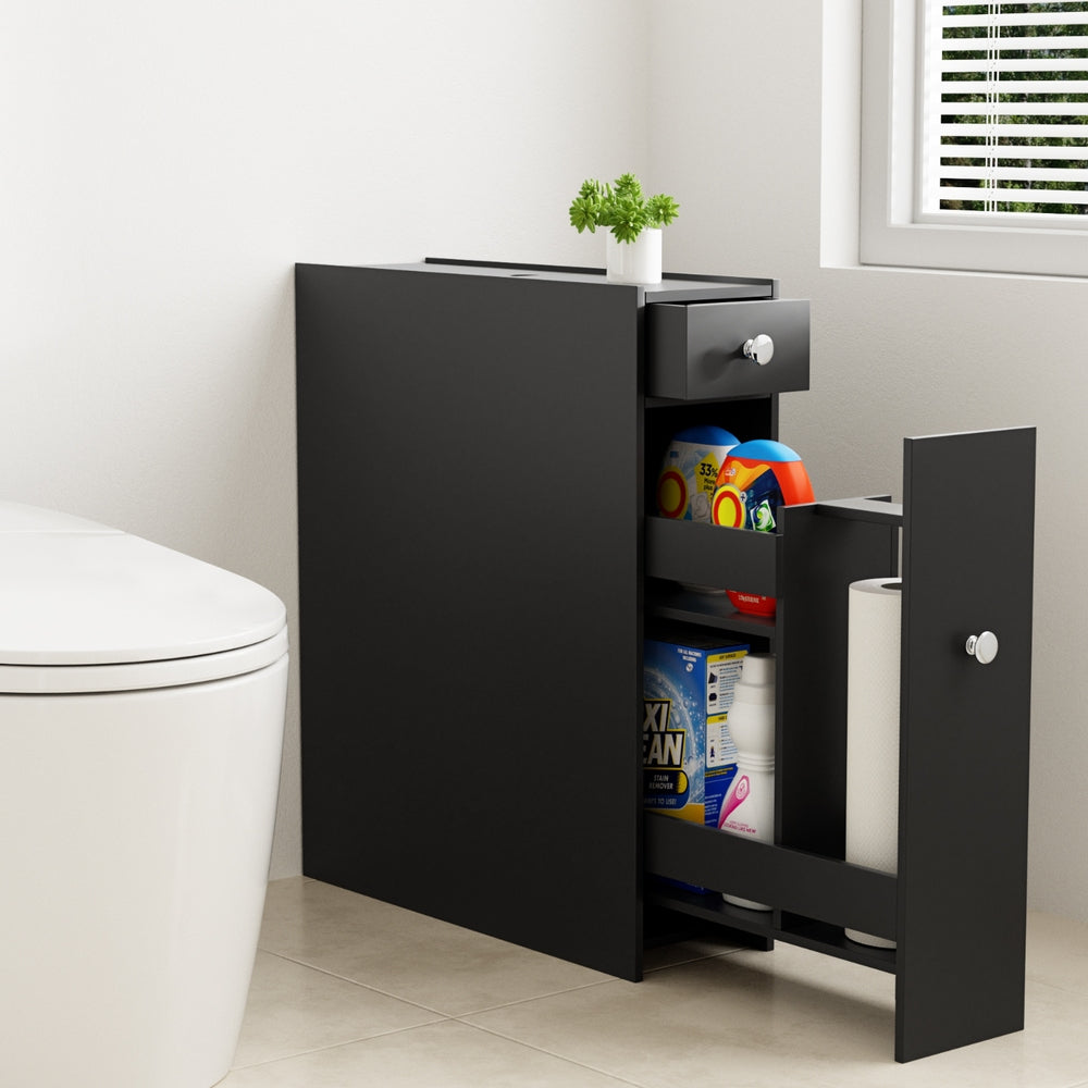 Bathroom Storage Cabinet Toilet Slim Tissue Box Caddy Holder Side Wooden Black