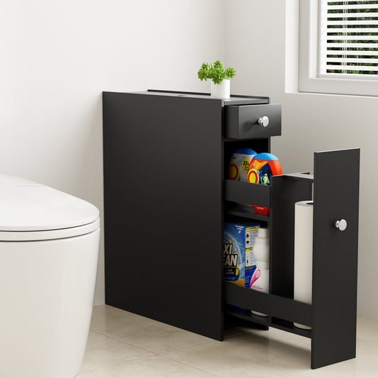 Bathroom Storage Cabinet Toilet Slim Tissue Box Caddy Holder Side Wooden Black