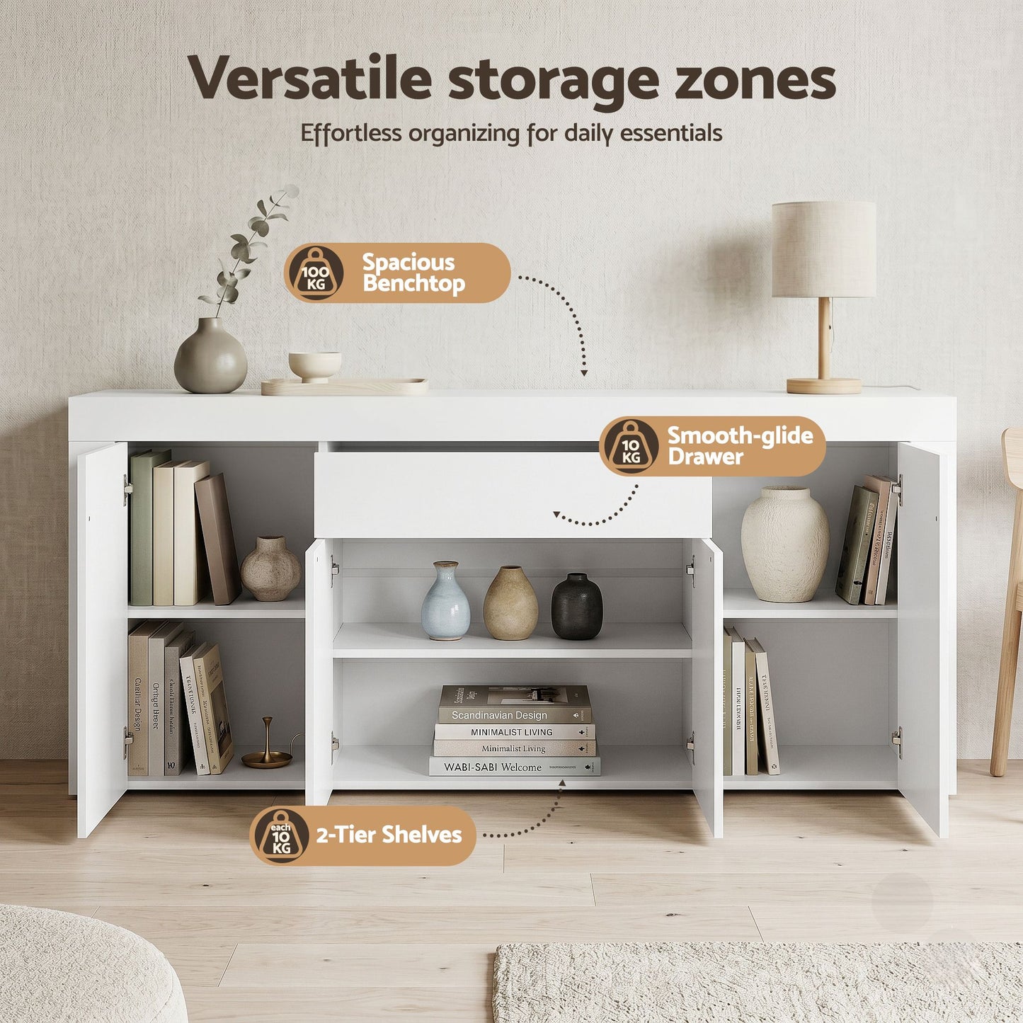 Caius Buffet Sideboard Cabinet 180cm Cupboard Pantry Storage Drawer - White