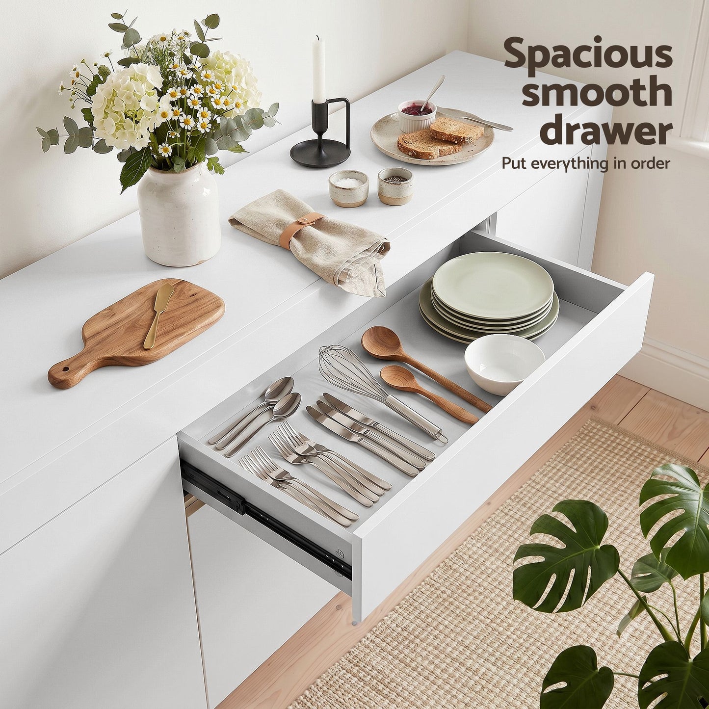 Caius Buffet Sideboard Cabinet 180cm Cupboard Pantry Storage Drawer - White