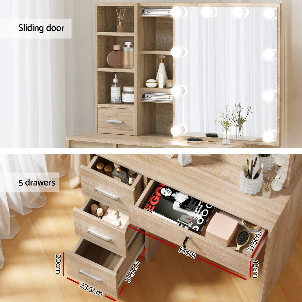 Dressing Table Set Stool 10 Led Bulbs - Wood