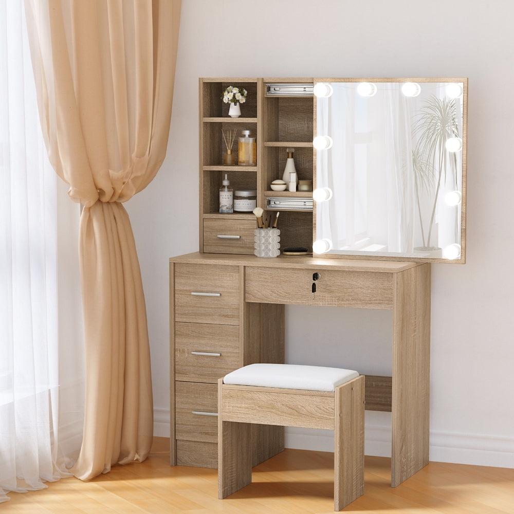 Dressing Table Set Stool 10 Led Bulbs - Wood