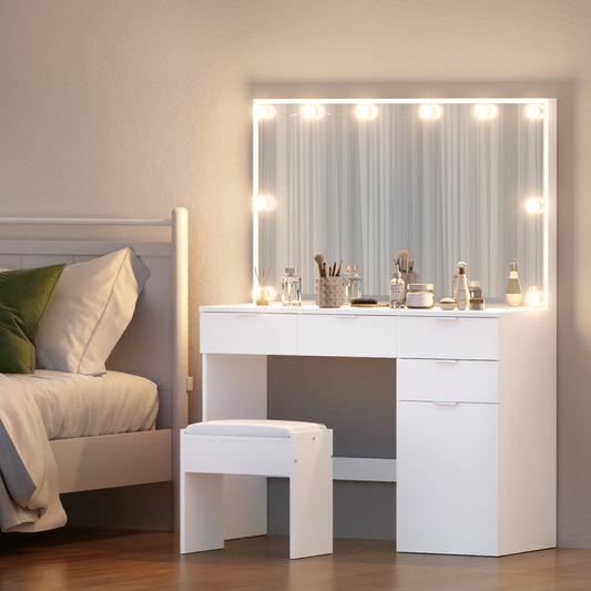 Dressing Table Set Stool 10 Led Bulbs - White