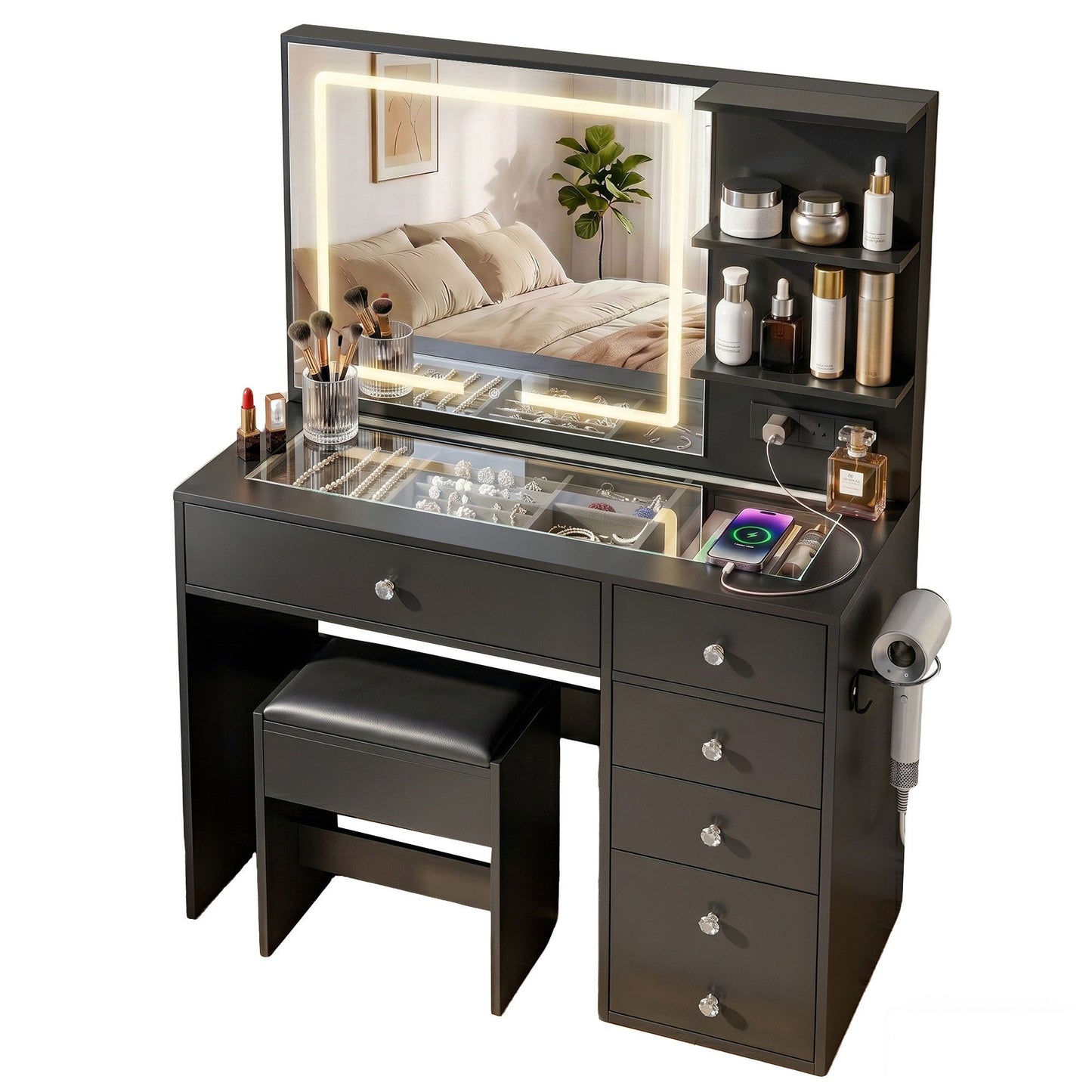 Dressing Table LED Vanity Desk Set Stool - Black