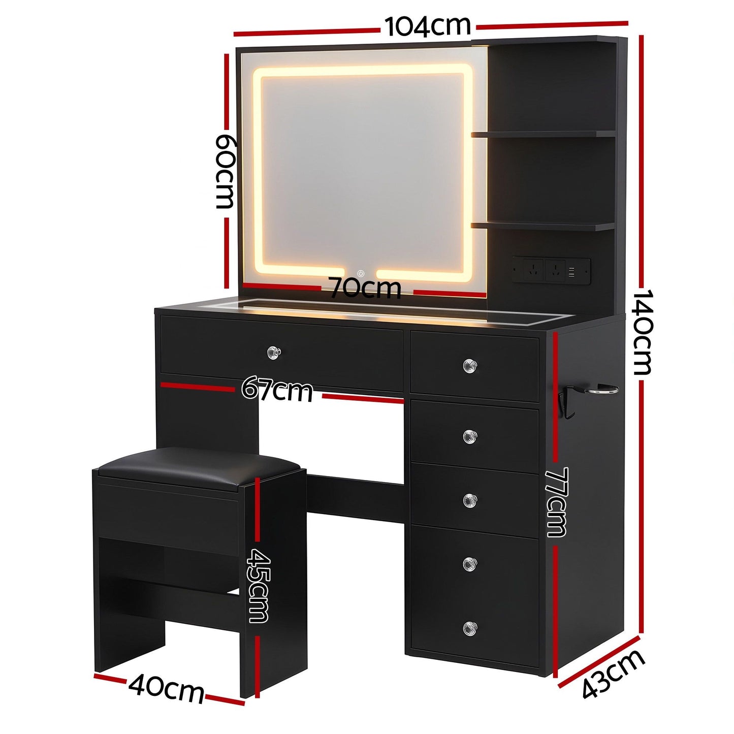 Dressing Table LED Vanity Desk Set Stool - Black