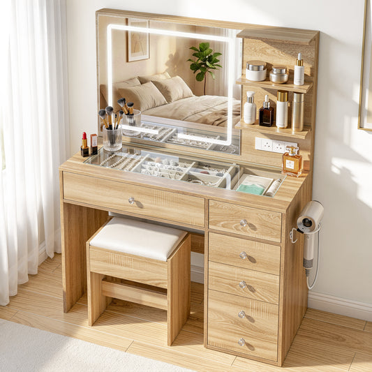 Dressing Table LED Vanity Desk Set Stool - Wood