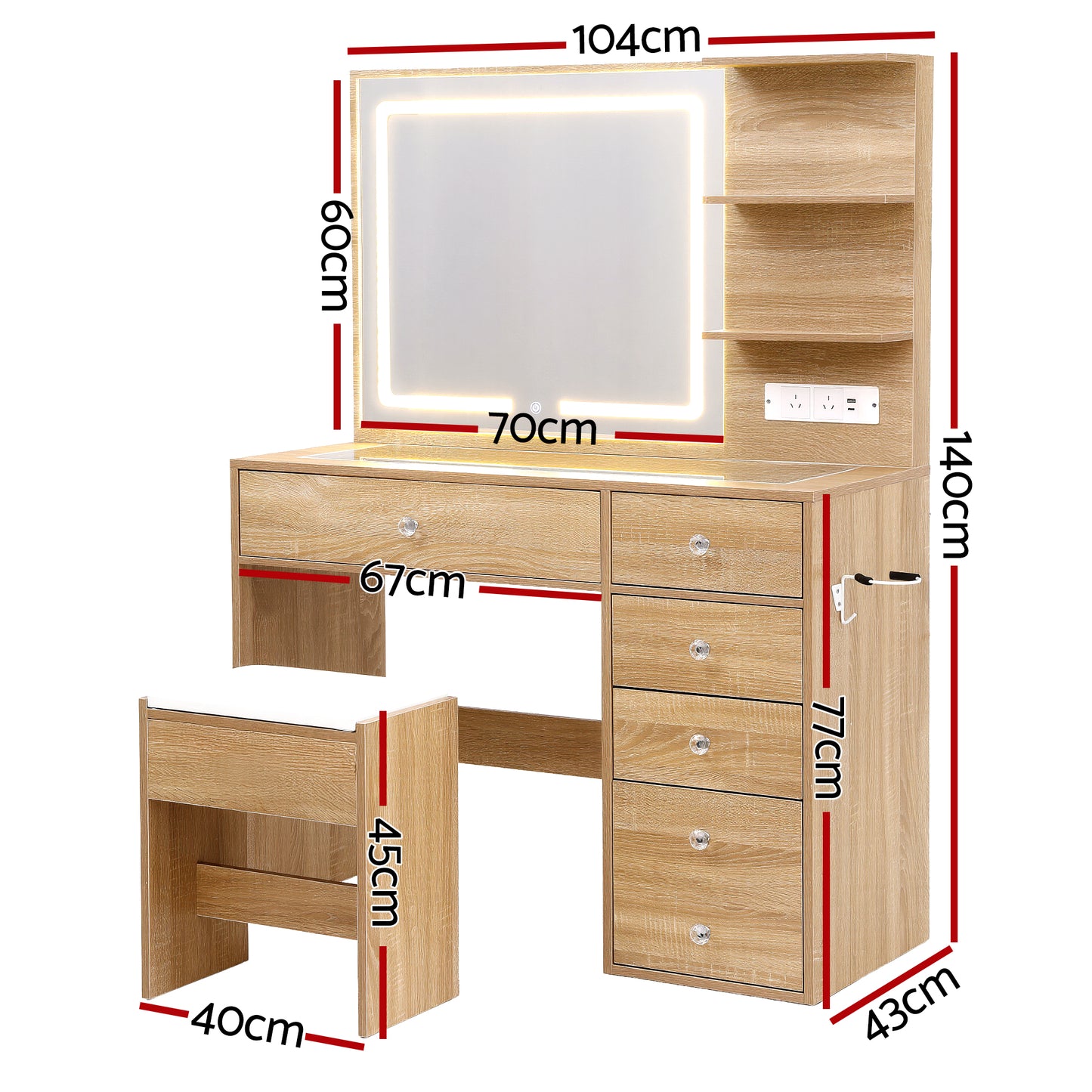 Dressing Table LED Vanity Desk Set Stool - Wood