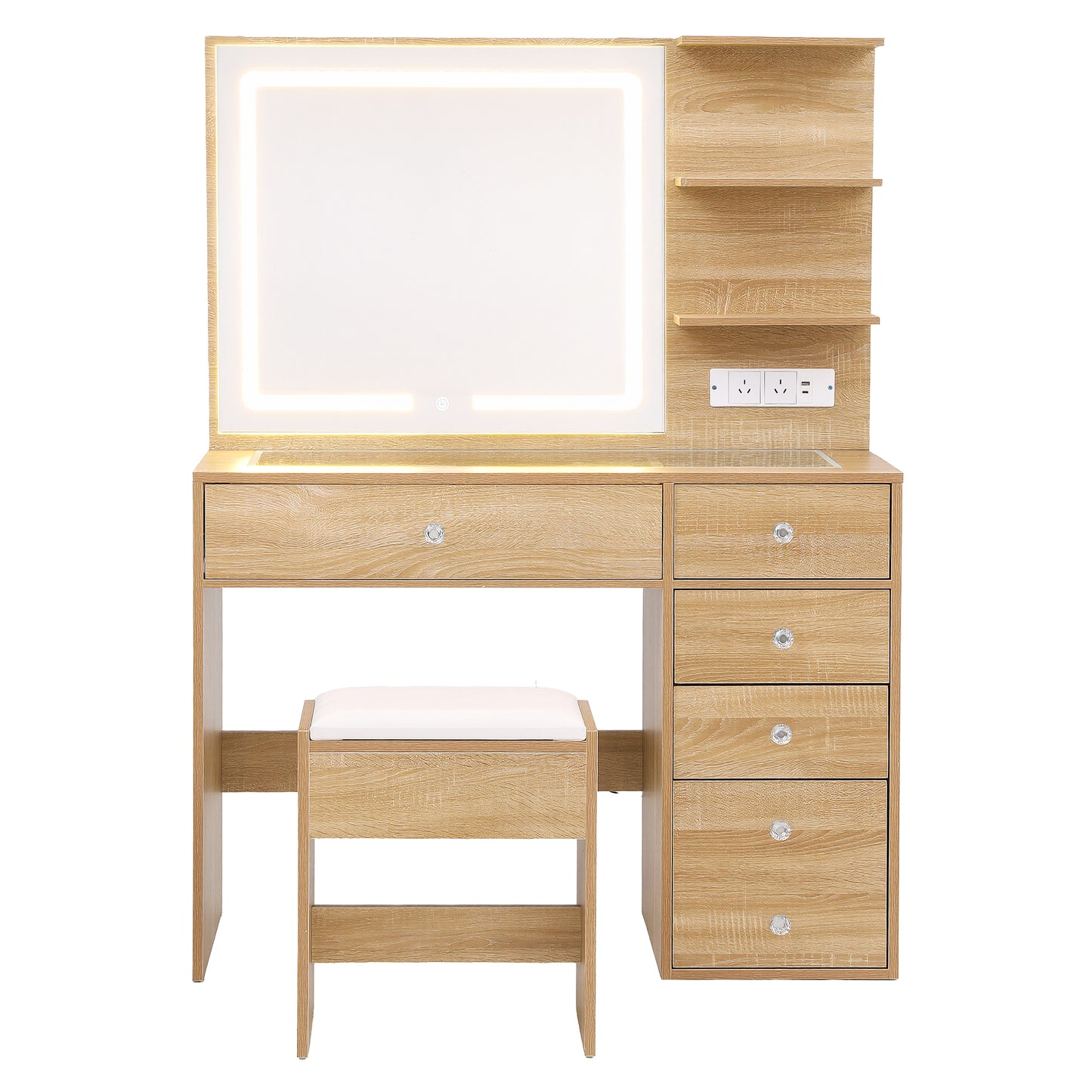 Dressing Table LED Vanity Desk Set Stool - Wood