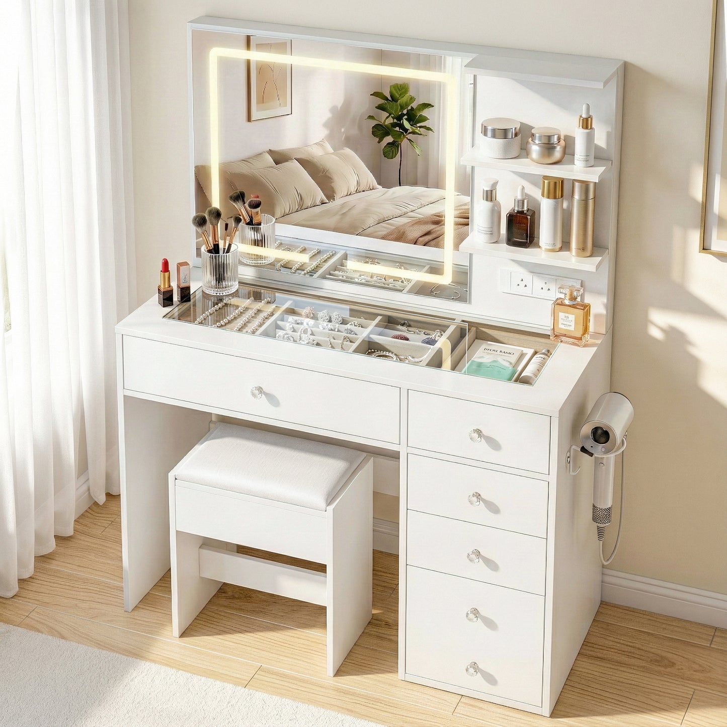 Dressing Table LED Vanity Desk Set Stool - White