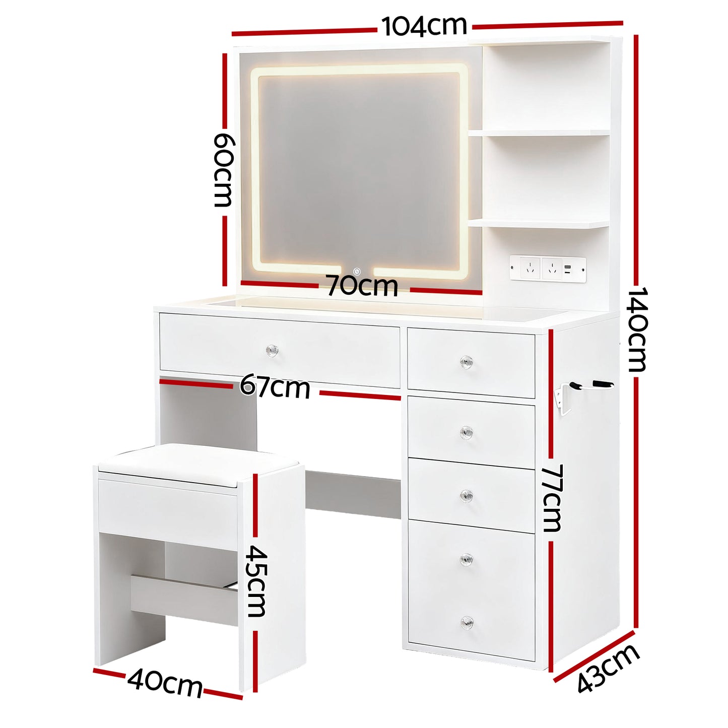 Dressing Table LED Vanity Desk Set Stool - White