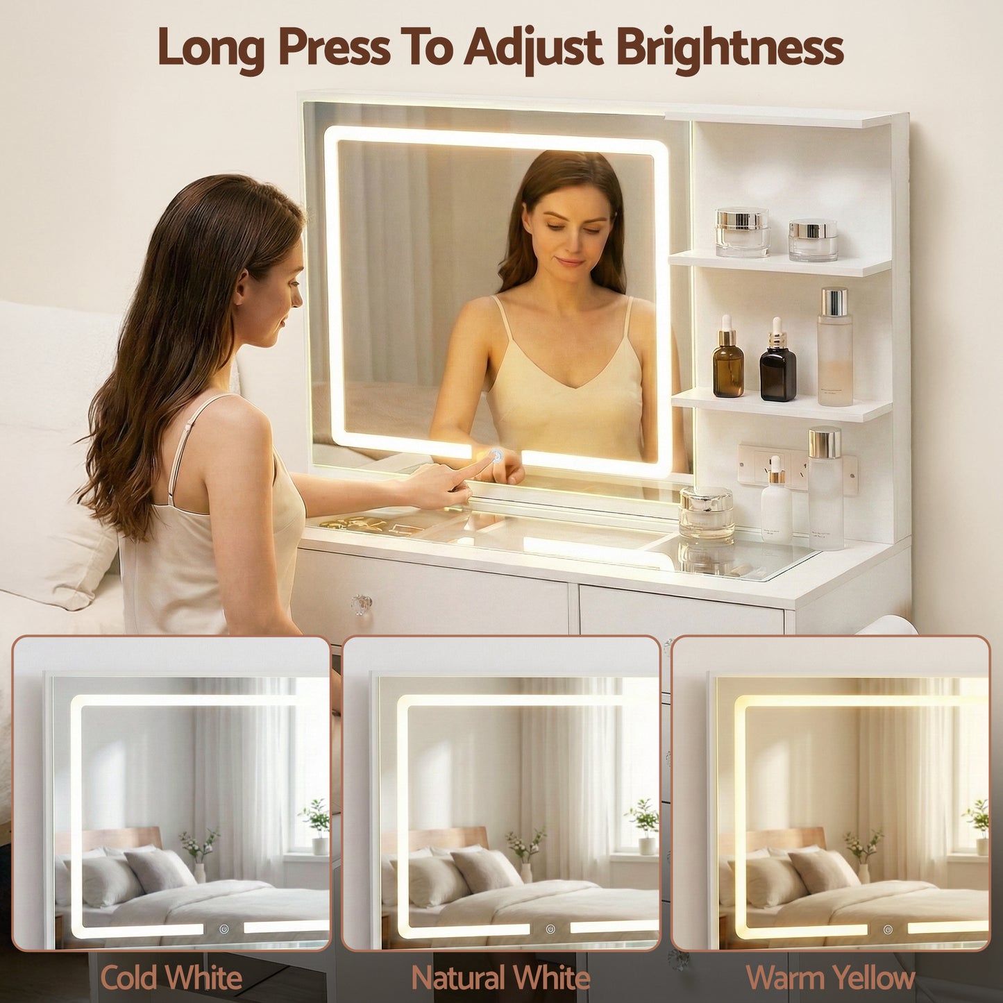 Dressing Table LED Vanity Desk Set Stool - White
