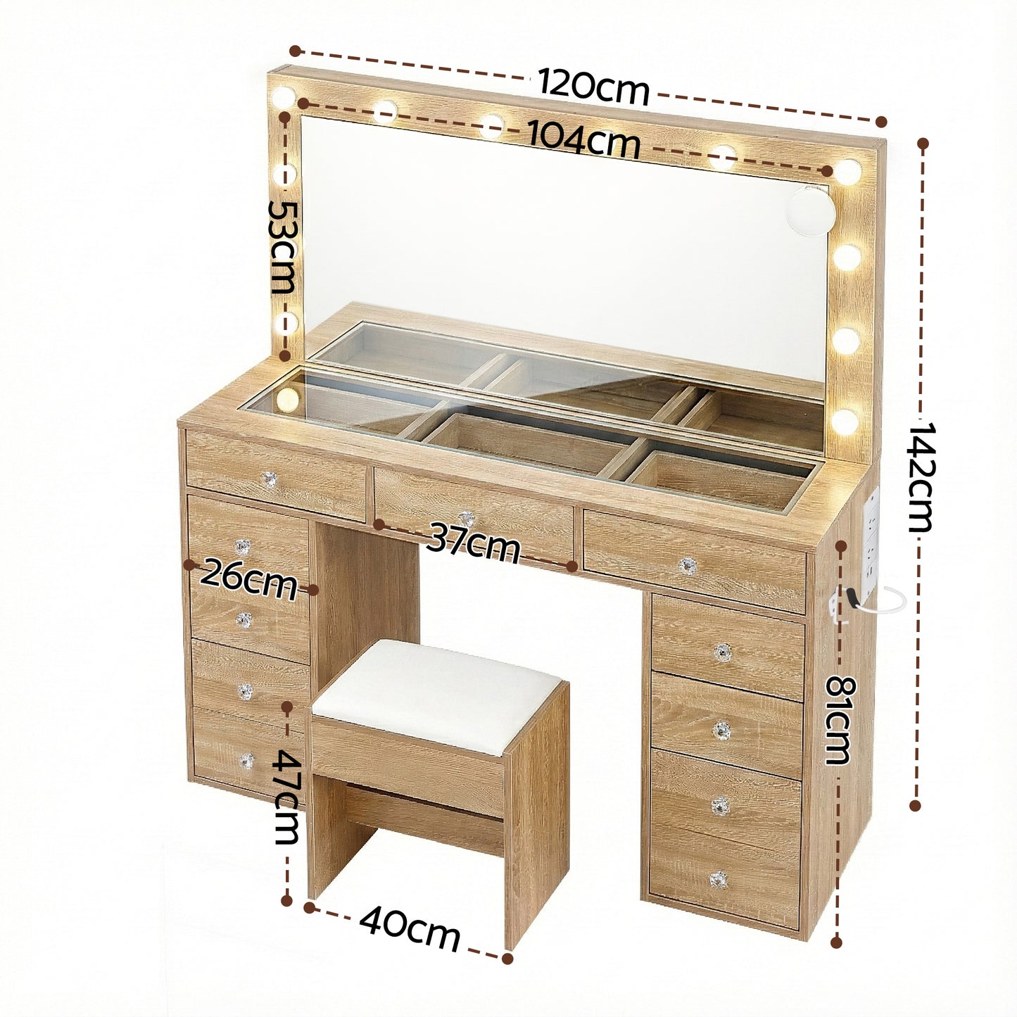 Dressing Table Vanity Desk Set Stool LED Bulbs - Wood