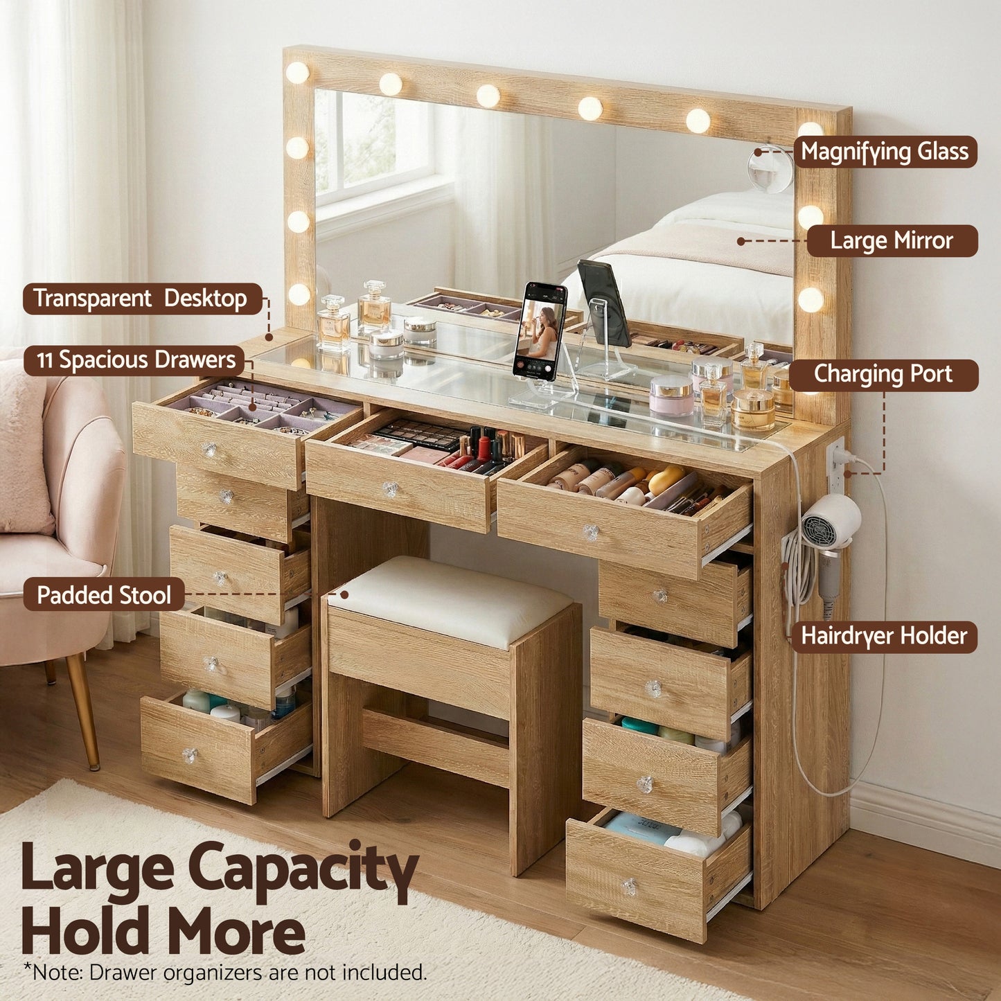Dressing Table Vanity Desk Set Stool LED Bulbs - Wood