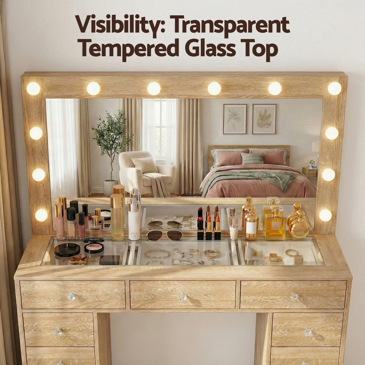 Dressing Table Vanity Desk Set Stool LED Bulbs - Wood