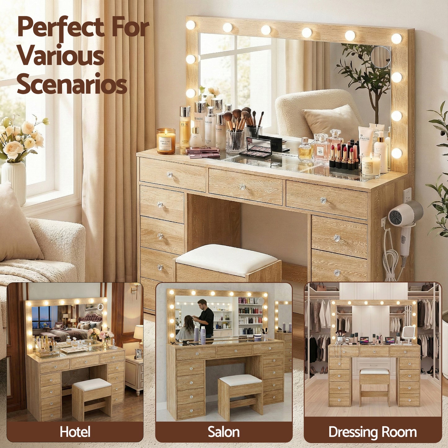 Dressing Table Vanity Desk Set Stool LED Bulbs - Wood