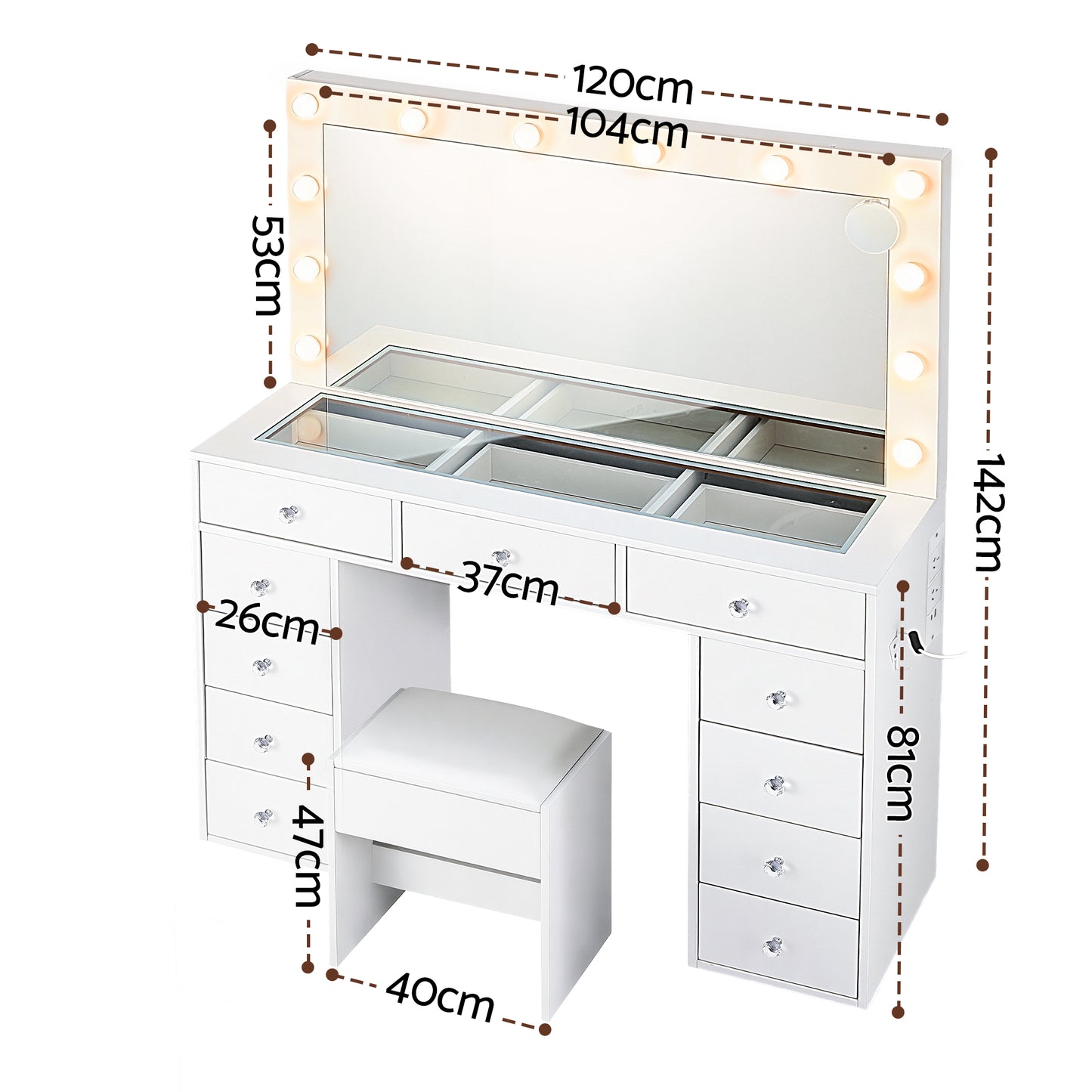 Dressing Table Vanity Desk Set Stool LED Bulbs - White