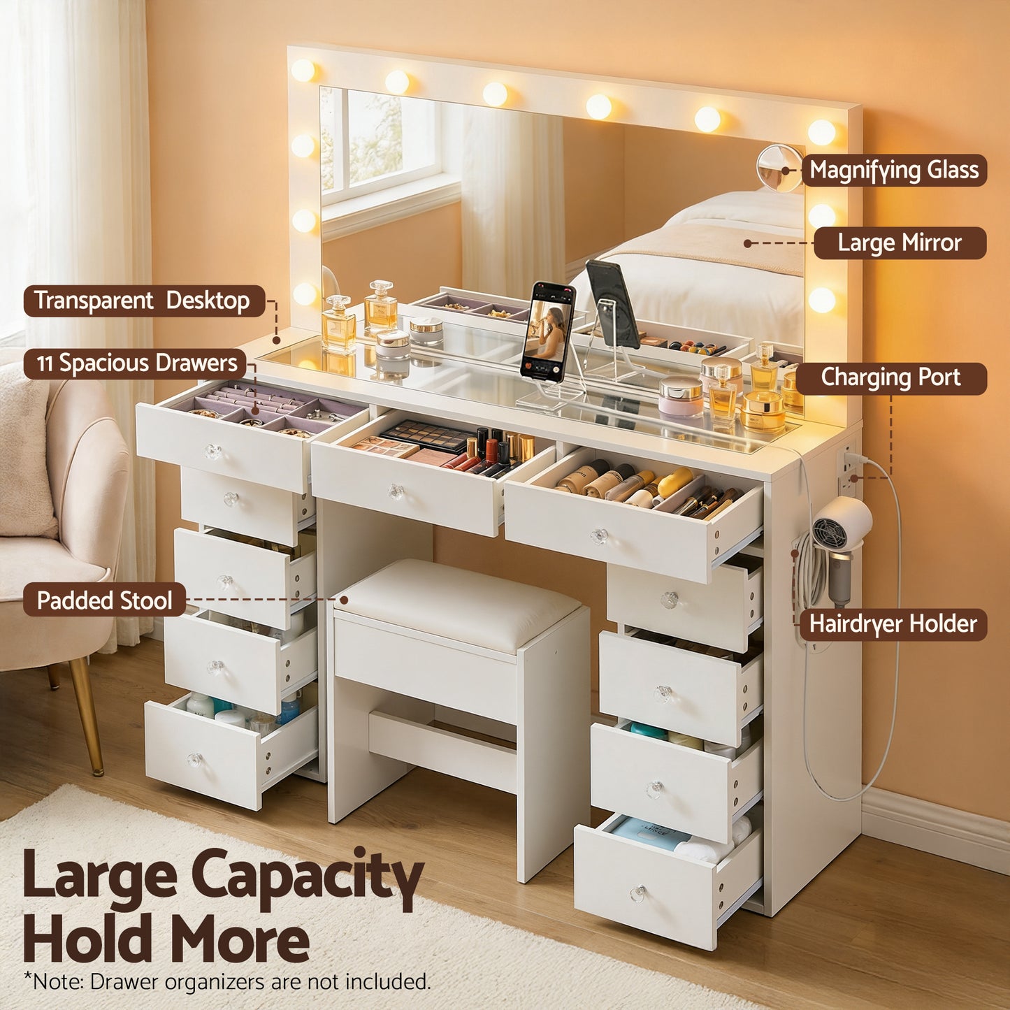 Dressing Table Vanity Desk Set Stool LED Bulbs - White