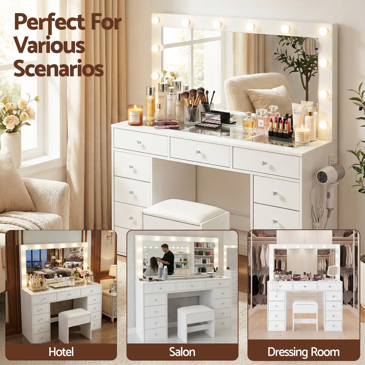 Dressing Table Vanity Desk Set Stool LED Bulbs - White