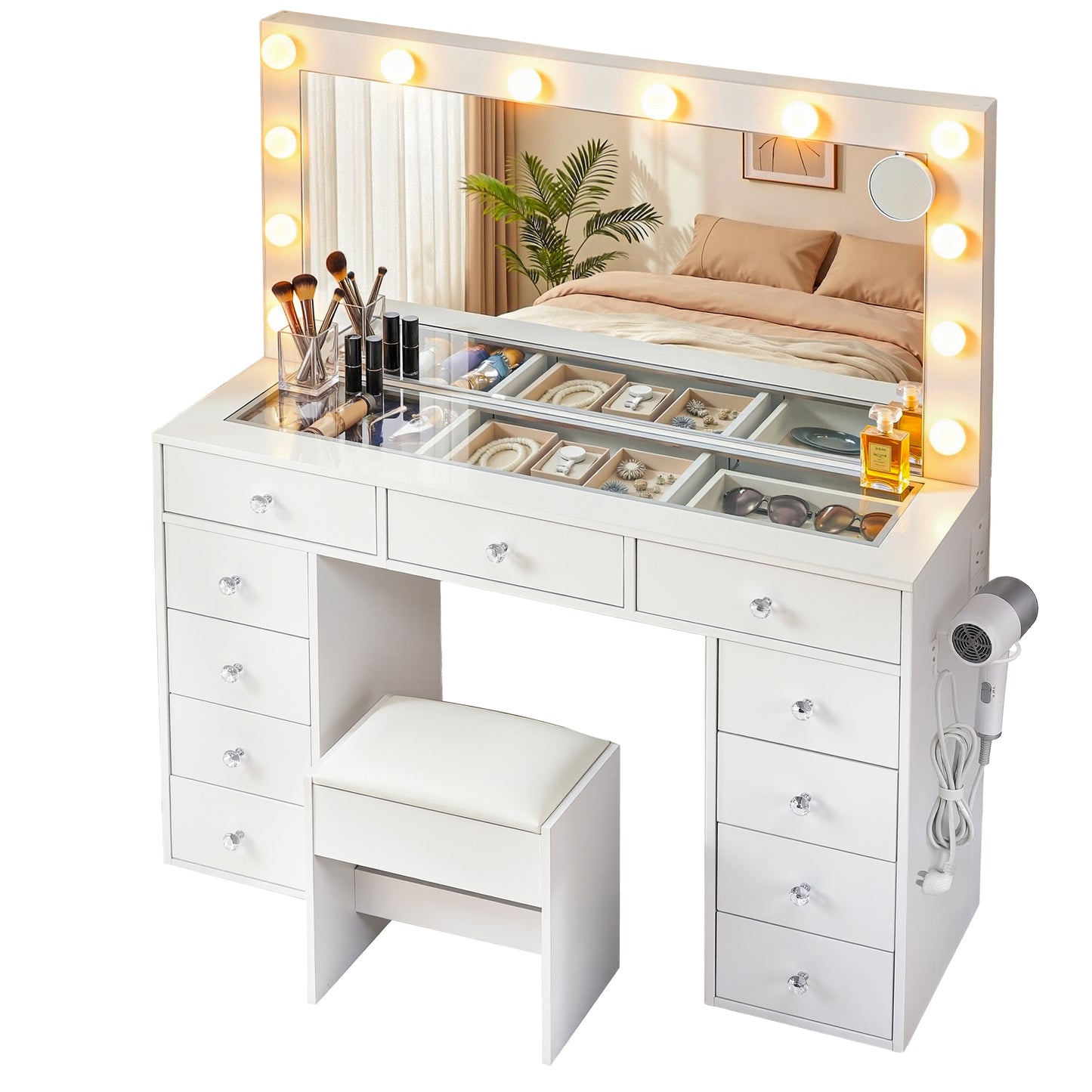 Dressing Table Vanity Desk Set Stool LED Bulbs - White
