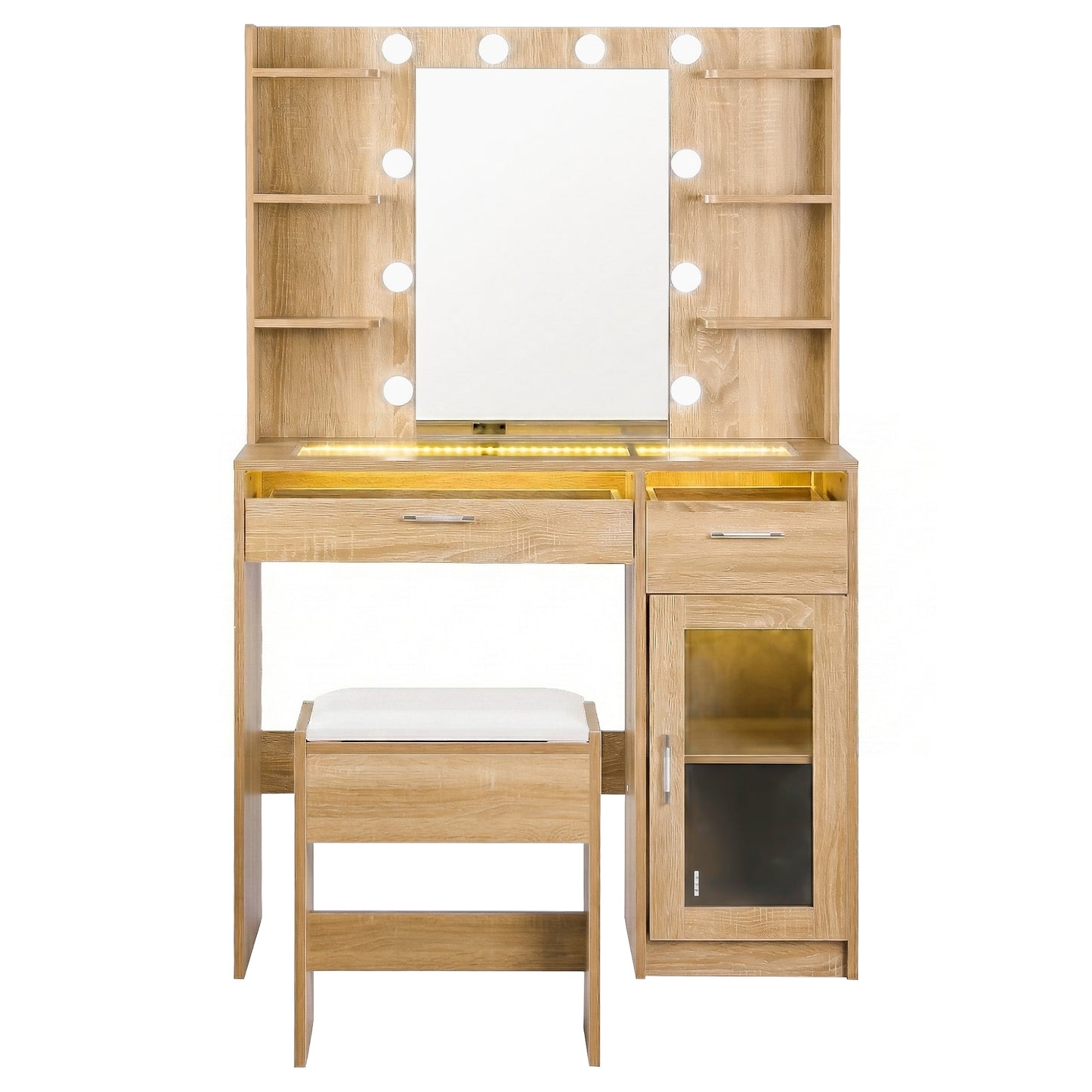 Dressing Table Vanity Desk Set 10 LED Bulbs RGB Light - Wood