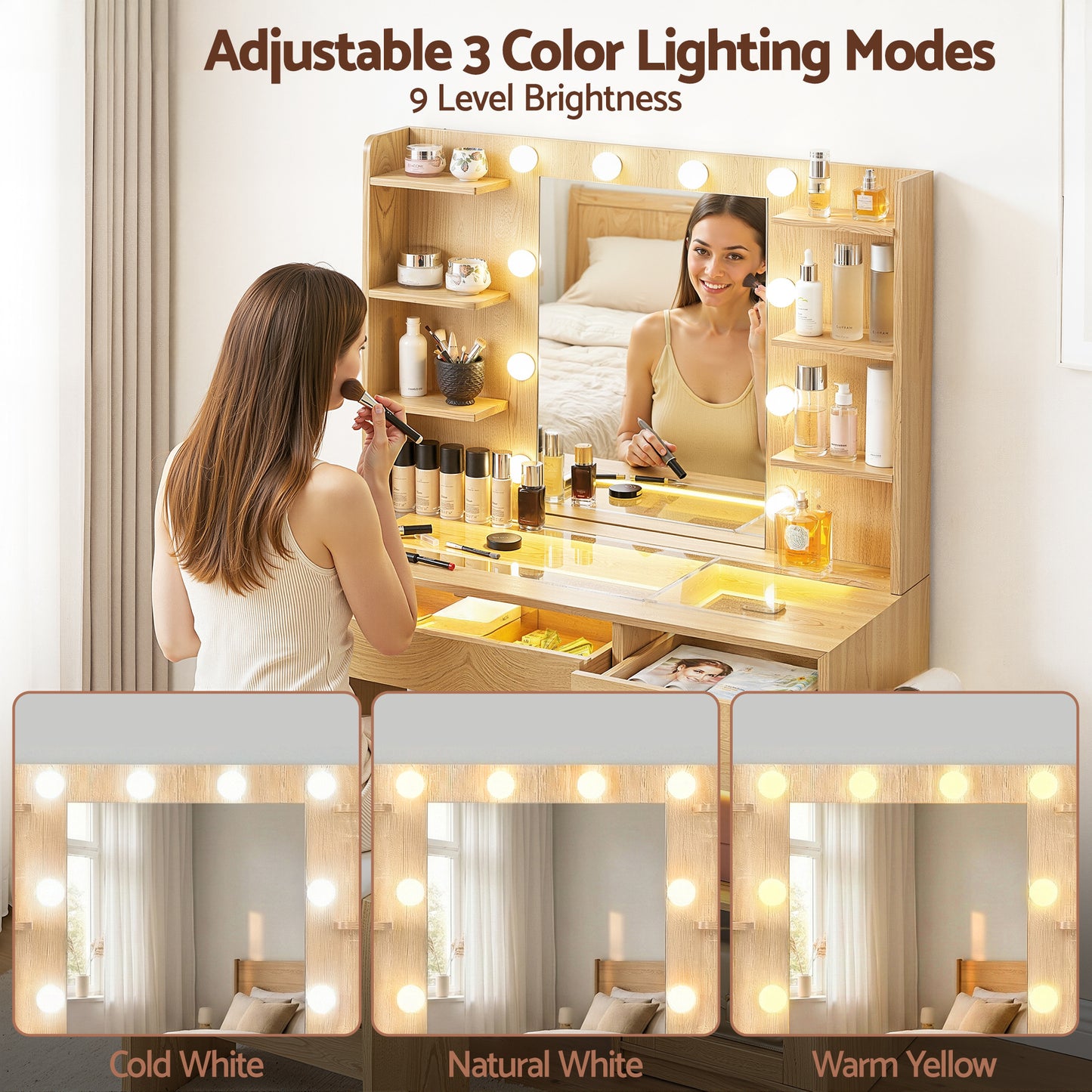 Dressing Table Vanity Desk Set 10 LED Bulbs RGB Light - Wood