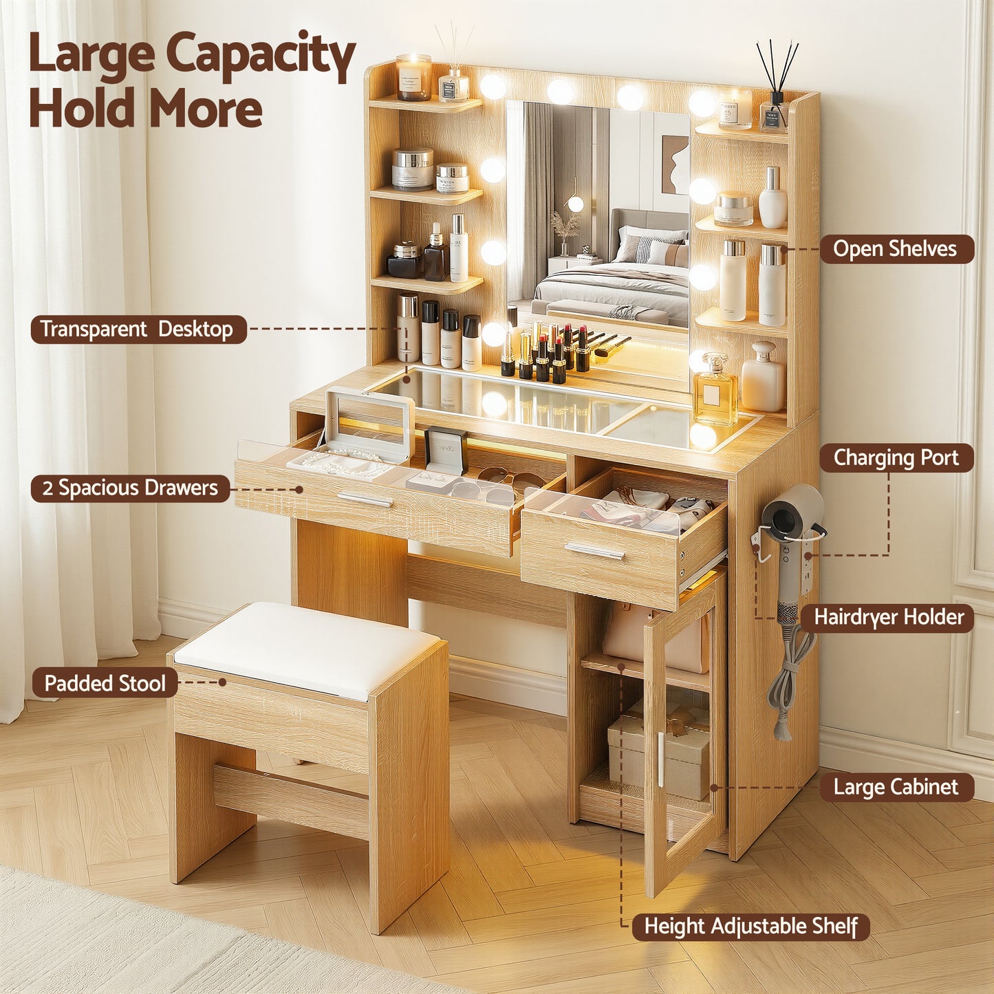 Dressing Table Vanity Desk Set 10 LED Bulbs RGB Light - Wood