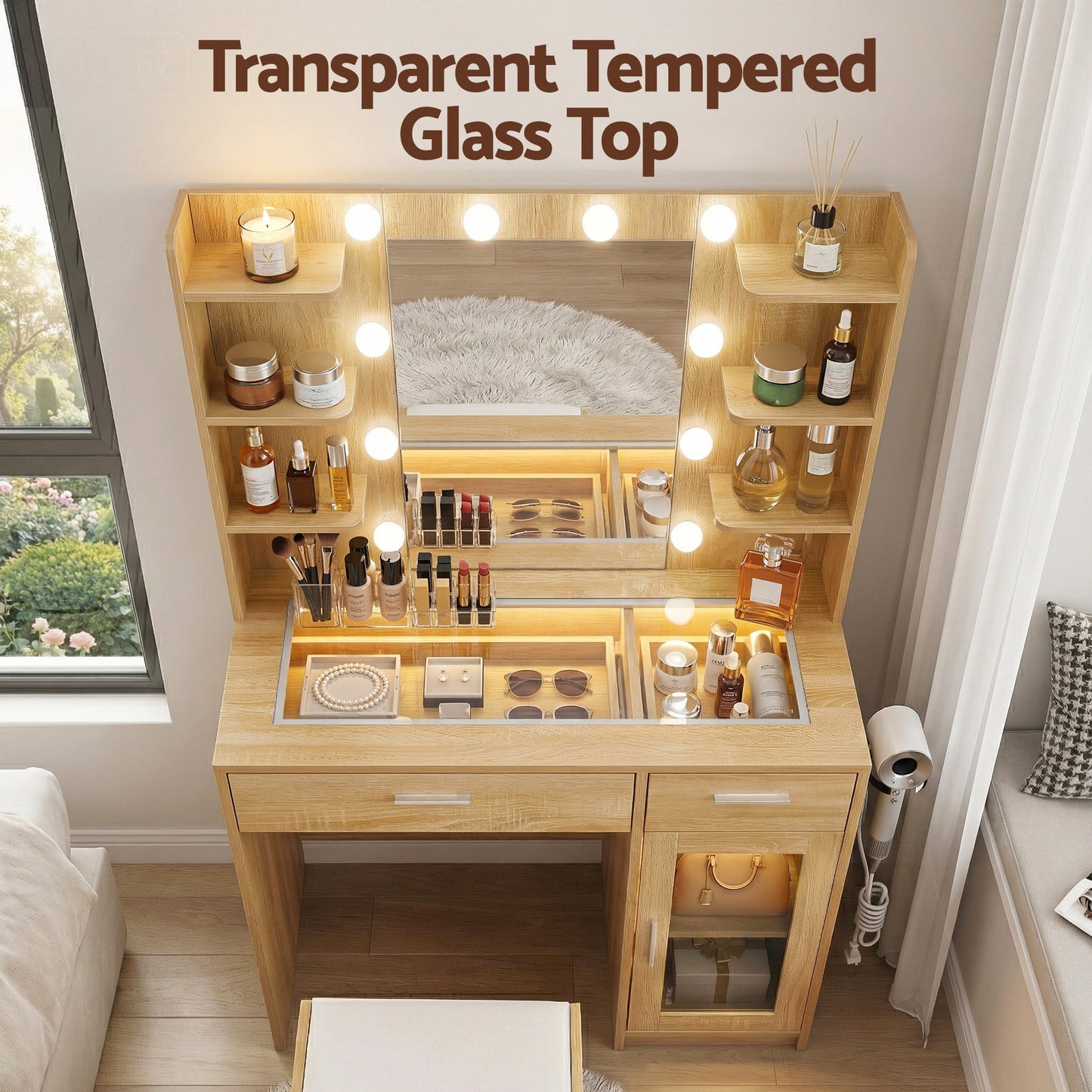 Dressing Table Vanity Desk Set 10 LED Bulbs RGB Light - Wood
