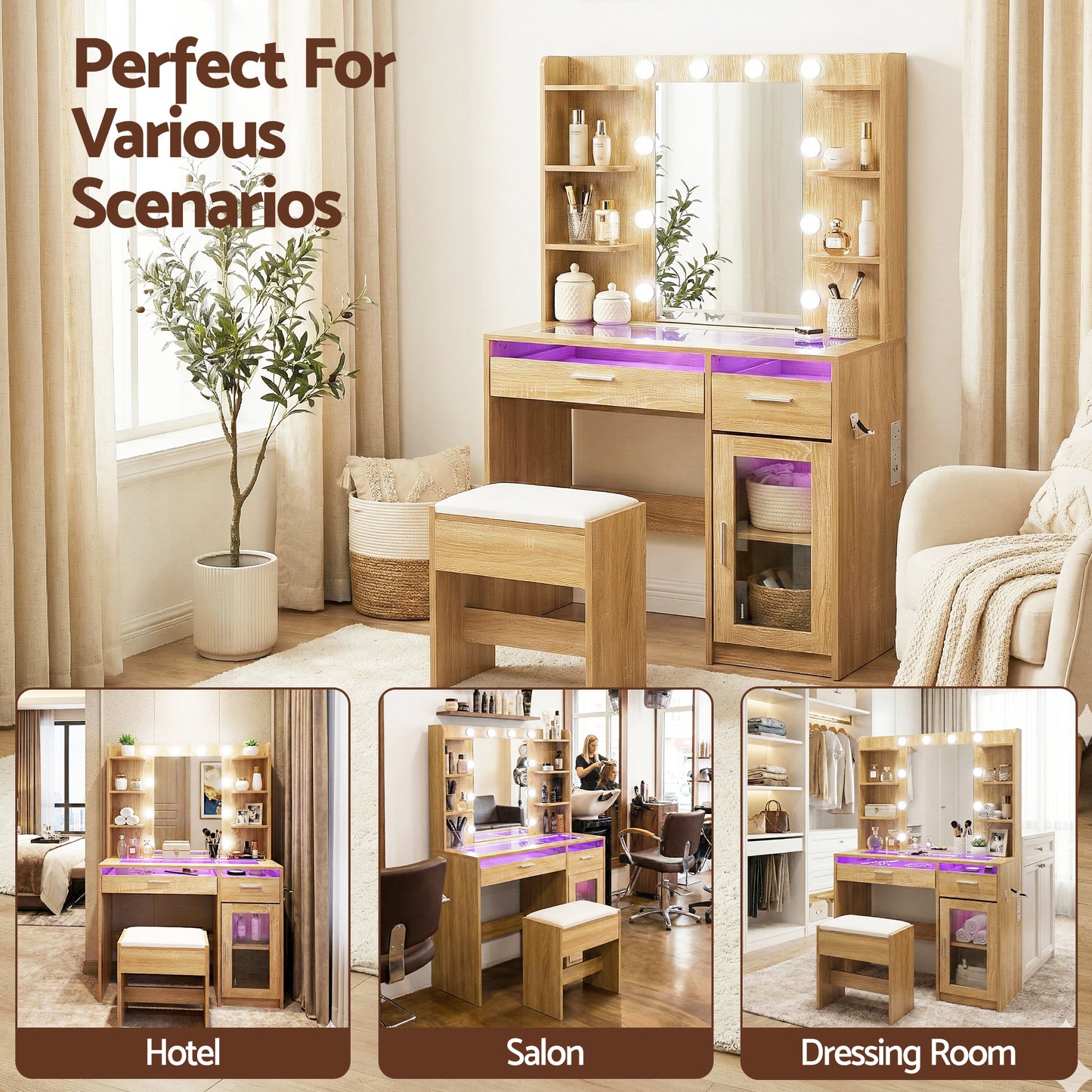 Dressing Table Vanity Desk Set 10 LED Bulbs RGB Light - Wood