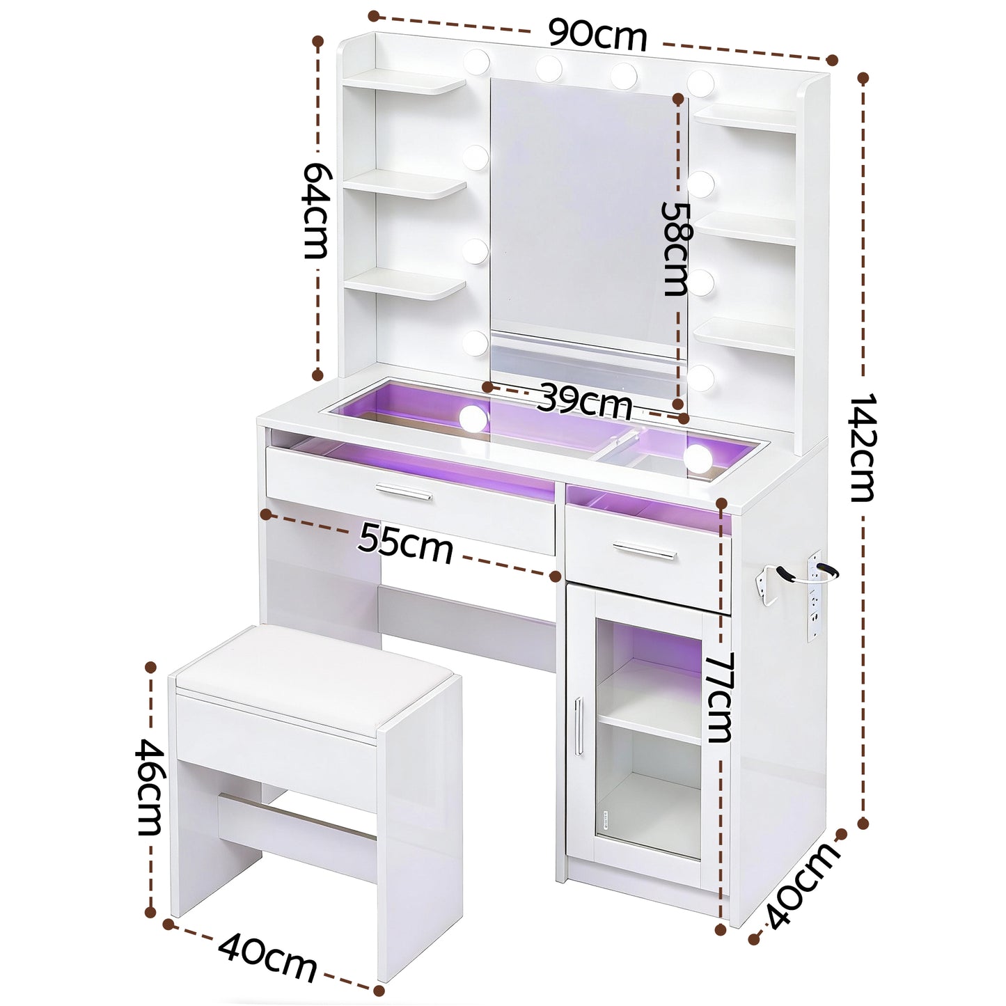 Dressing Table Vanity Desk Set 10 LED Bulbs RGB Light - White
