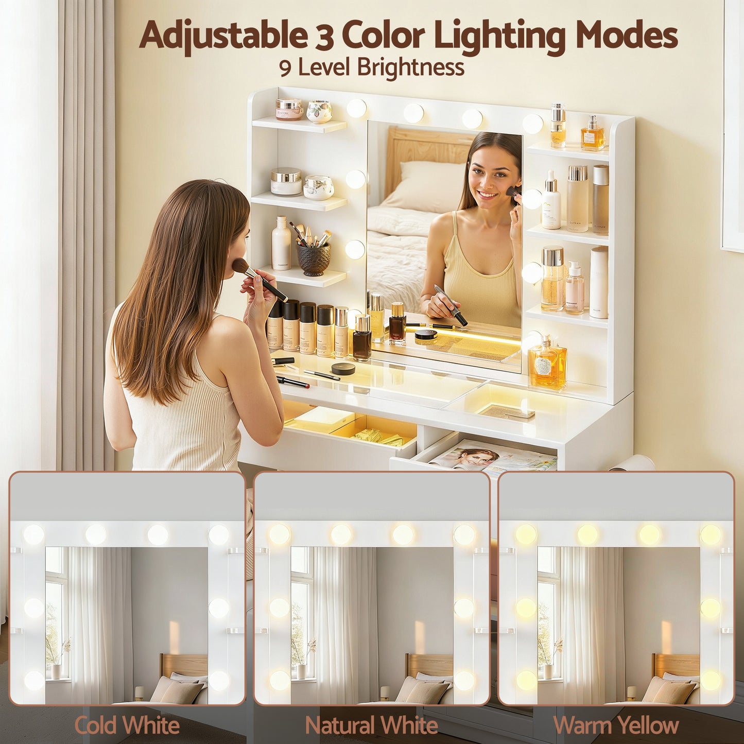 Dressing Table Vanity Desk Set 10 LED Bulbs RGB Light - White