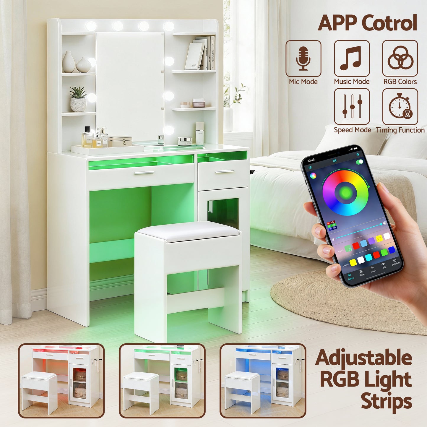Dressing Table Vanity Desk Set 10 LED Bulbs RGB Light - White