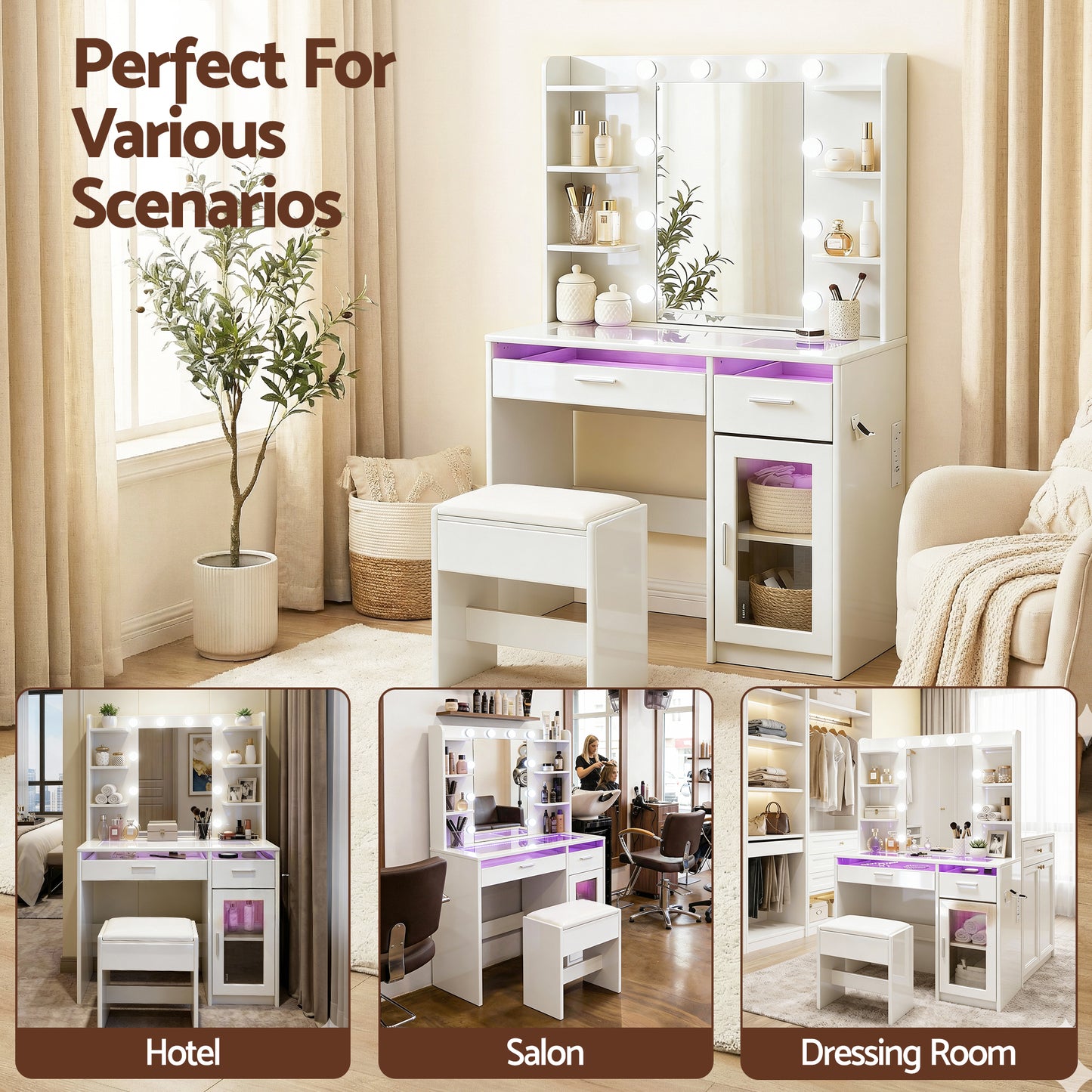 Dressing Table Vanity Desk Set 10 LED Bulbs RGB Light - White
