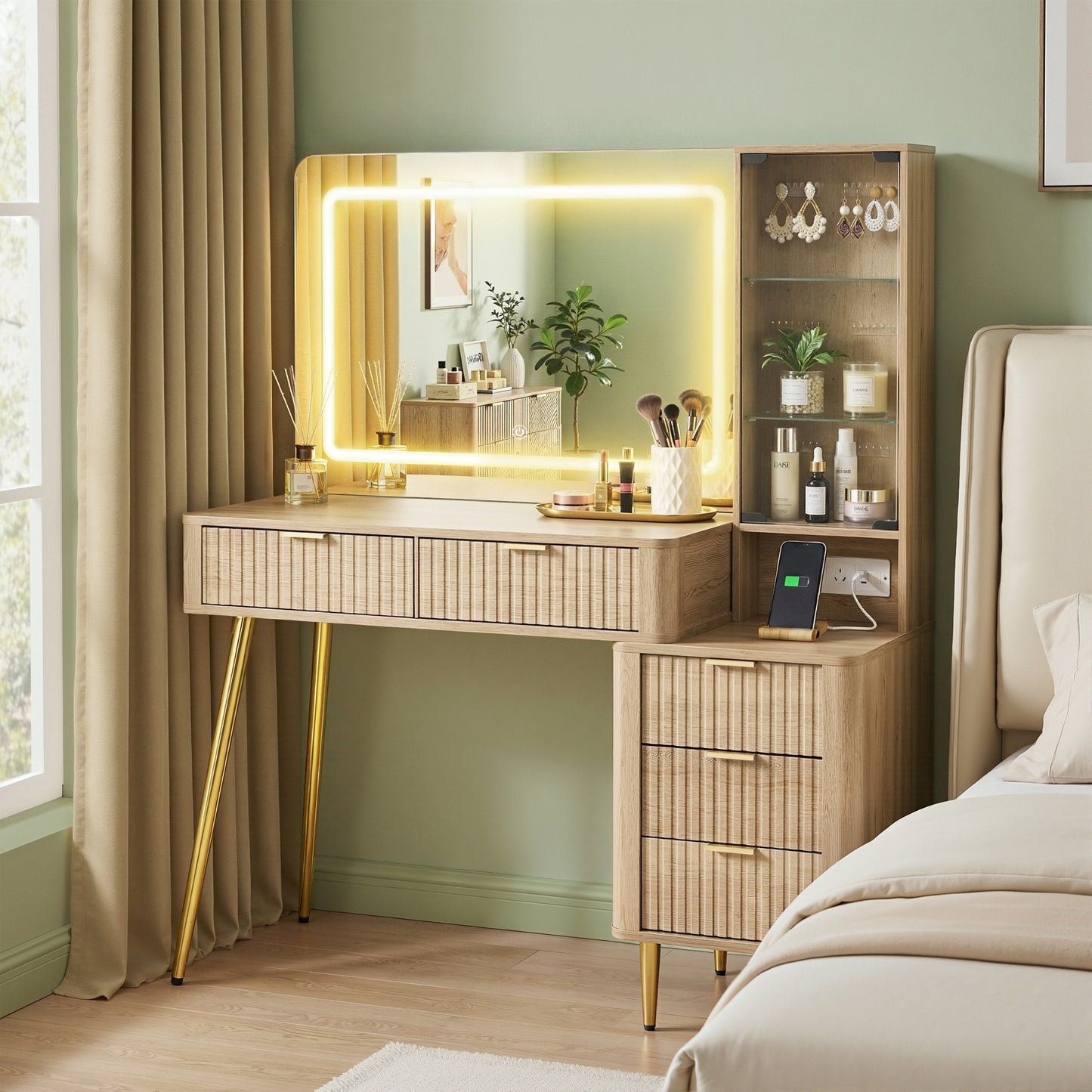 Dressing Table LED Vanity Desk Charging Station - Wood