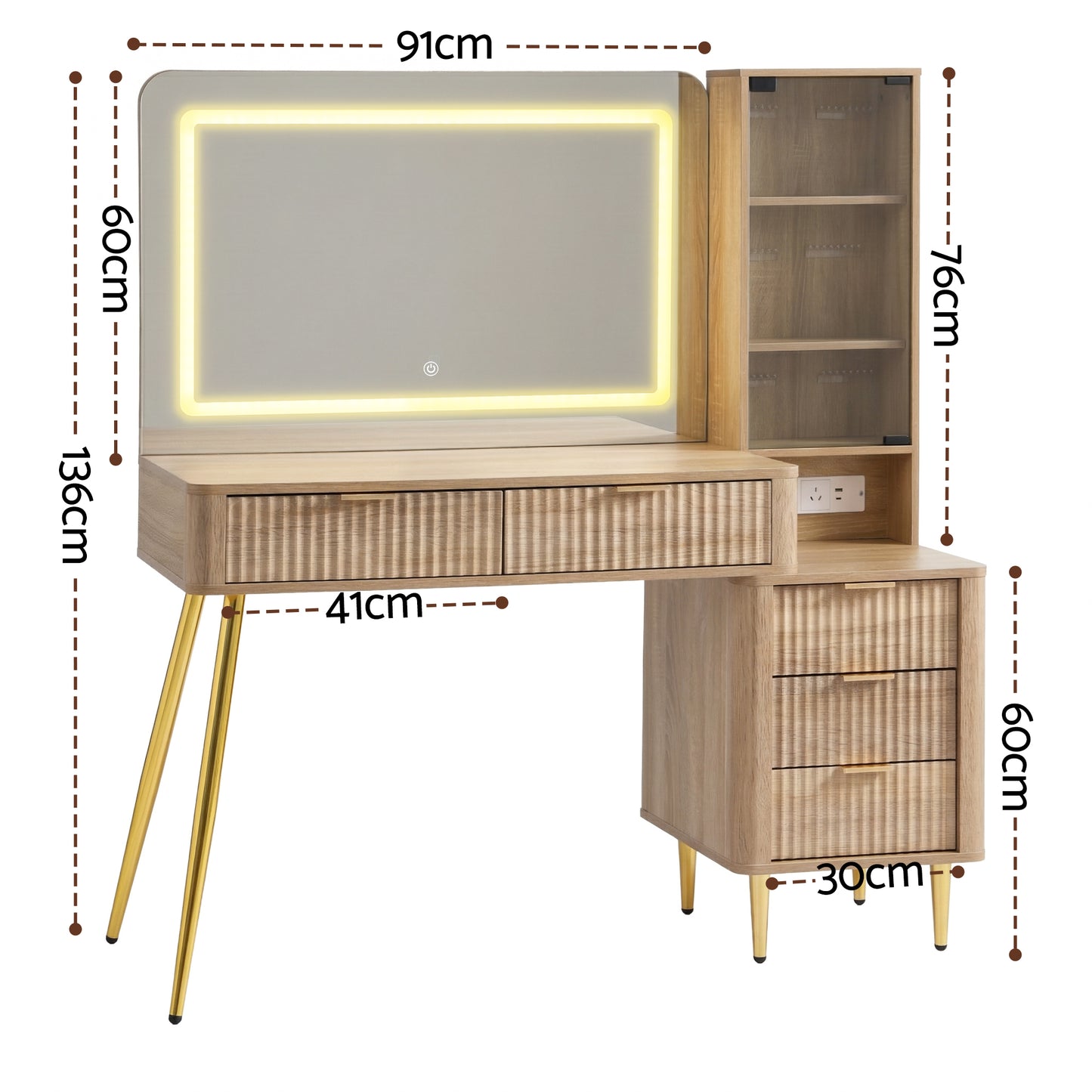 Dressing Table LED Vanity Desk Charging Station - Wood