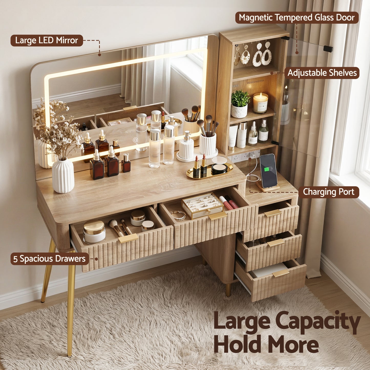 Dressing Table LED Vanity Desk Charging Station - Wood