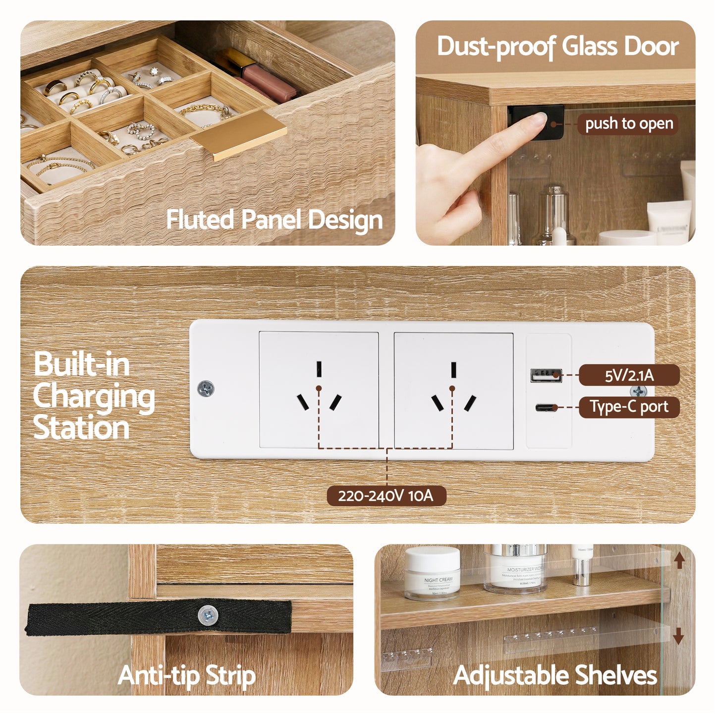 Dressing Table LED Vanity Desk Charging Station - Wood