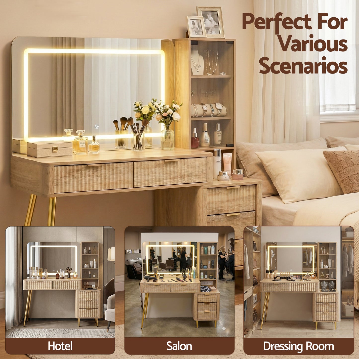 Dressing Table LED Vanity Desk Charging Station - Wood