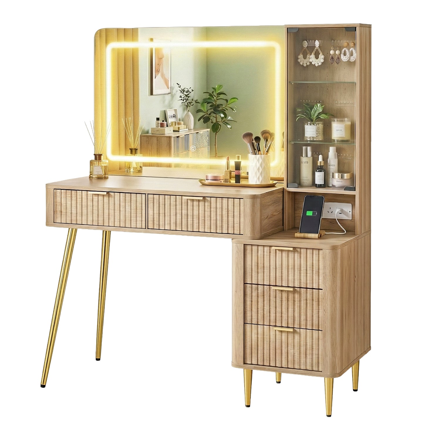Dressing Table LED Vanity Desk Charging Station - Wood