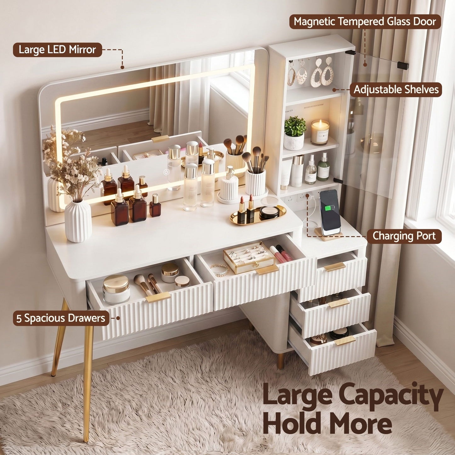Dressing Table LED Vanity Desk Charging Station - White