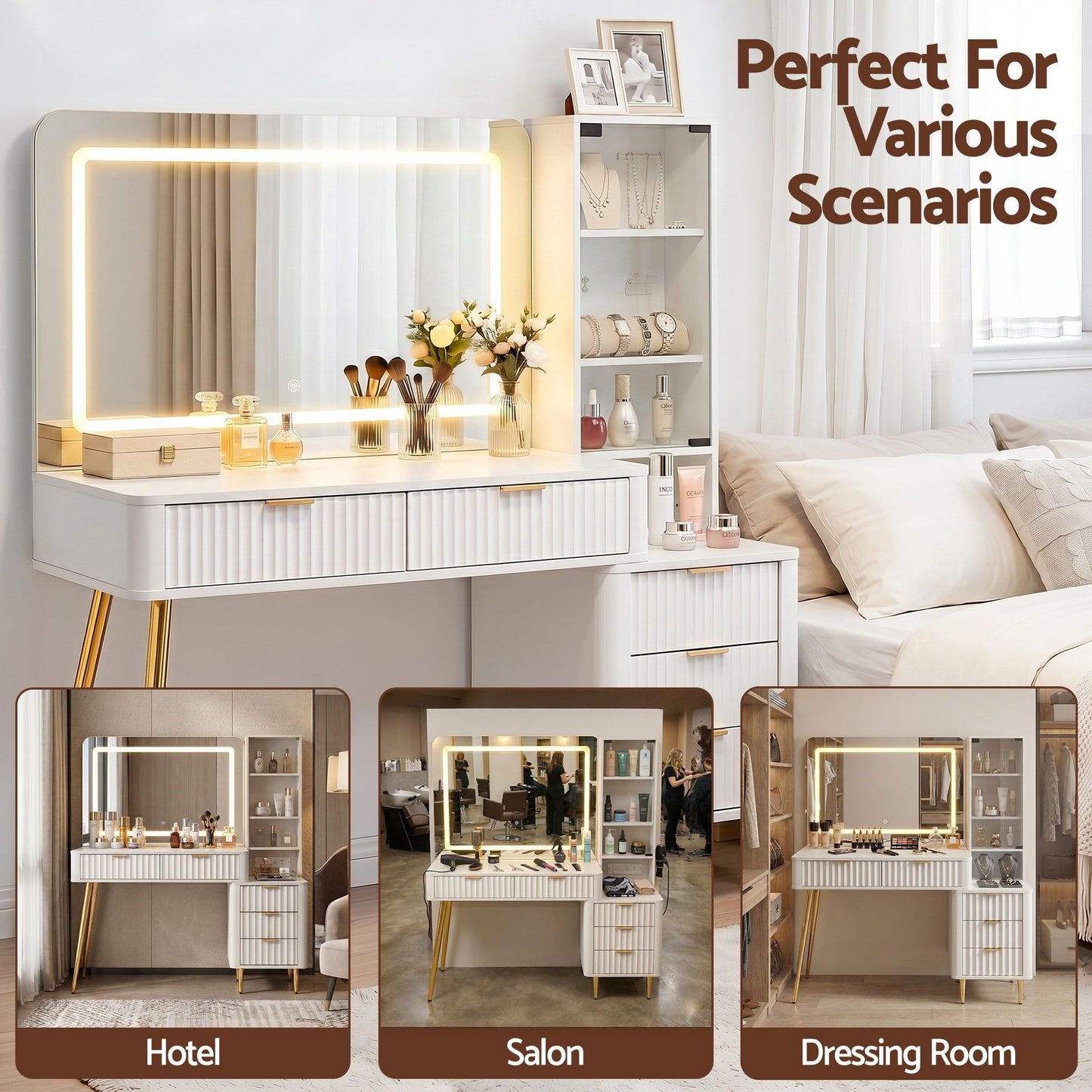 Dressing Table LED Vanity Desk Charging Station - White