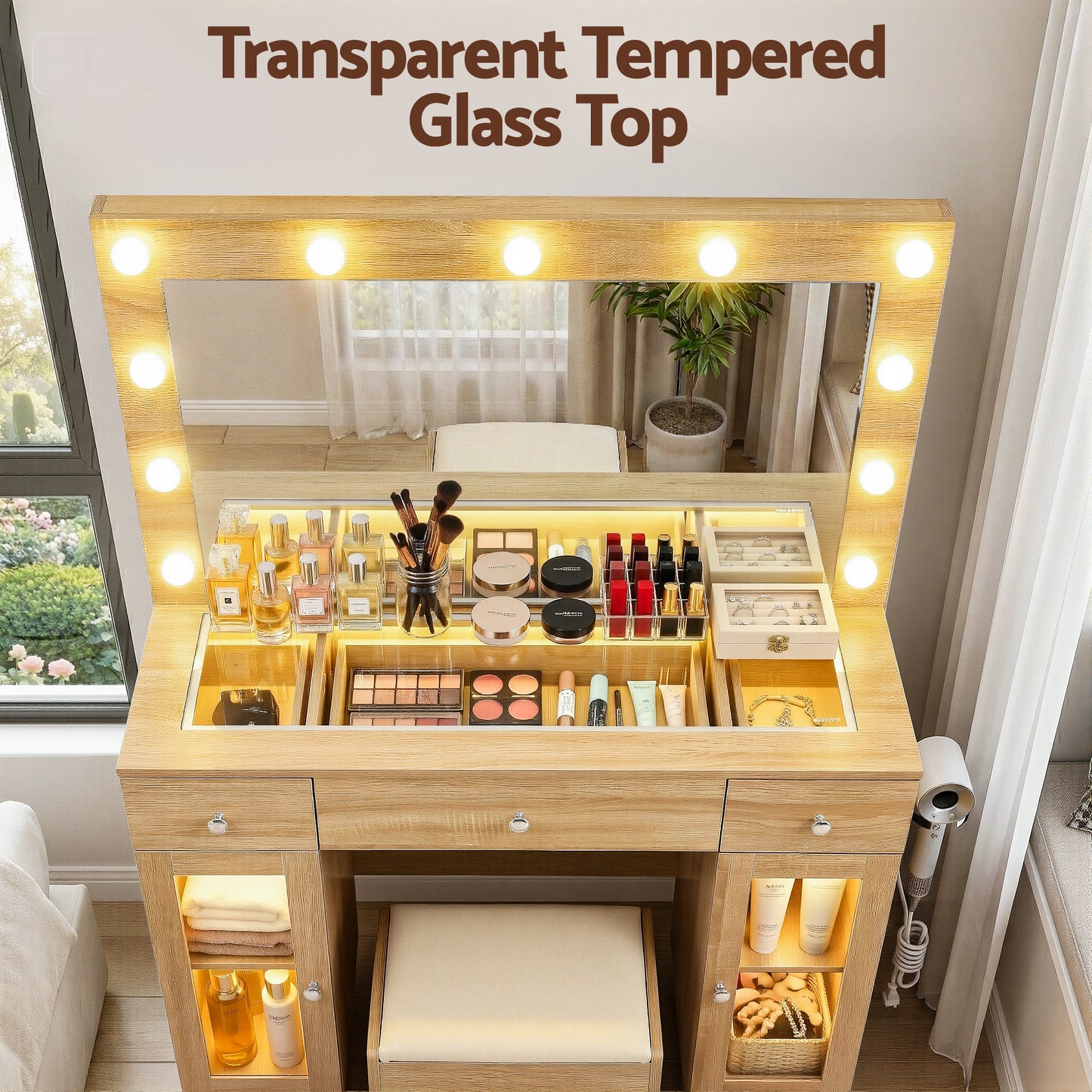 Dressing Table Vanity Desk Set LED Bulbs RGB Light - Wood