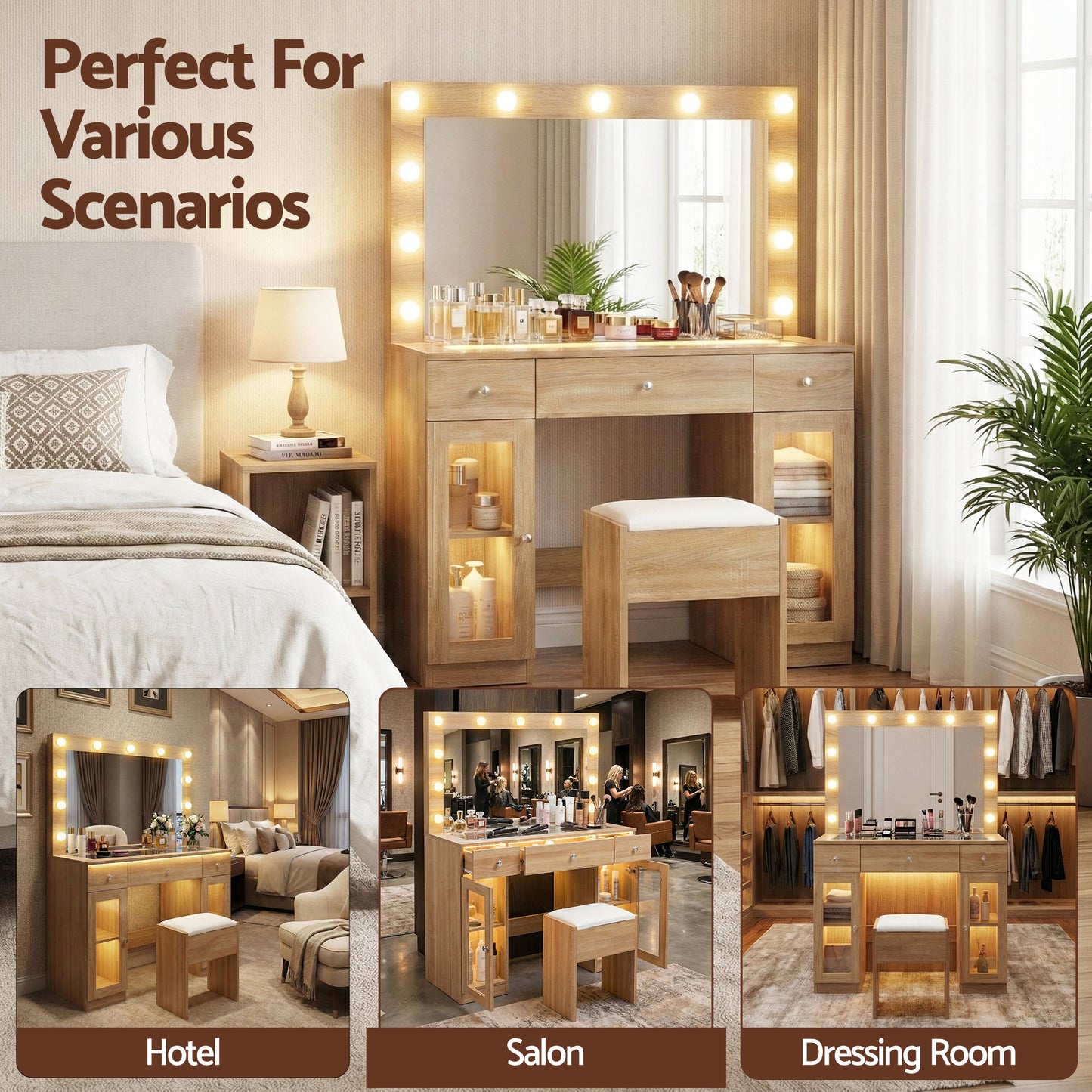 Dressing Table Vanity Desk Set LED Bulbs RGB Light - Wood