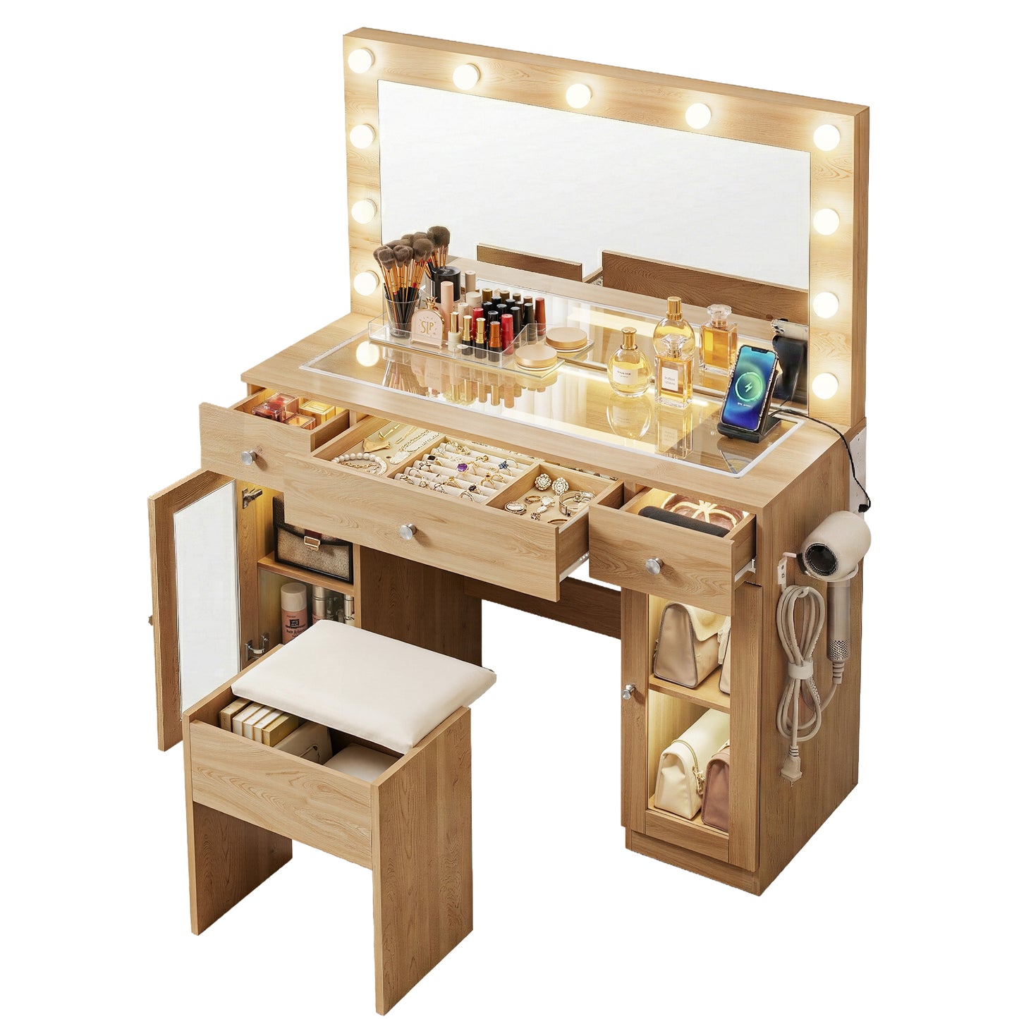 Dressing Table Vanity Desk Set LED Bulbs RGB Light - Wood
