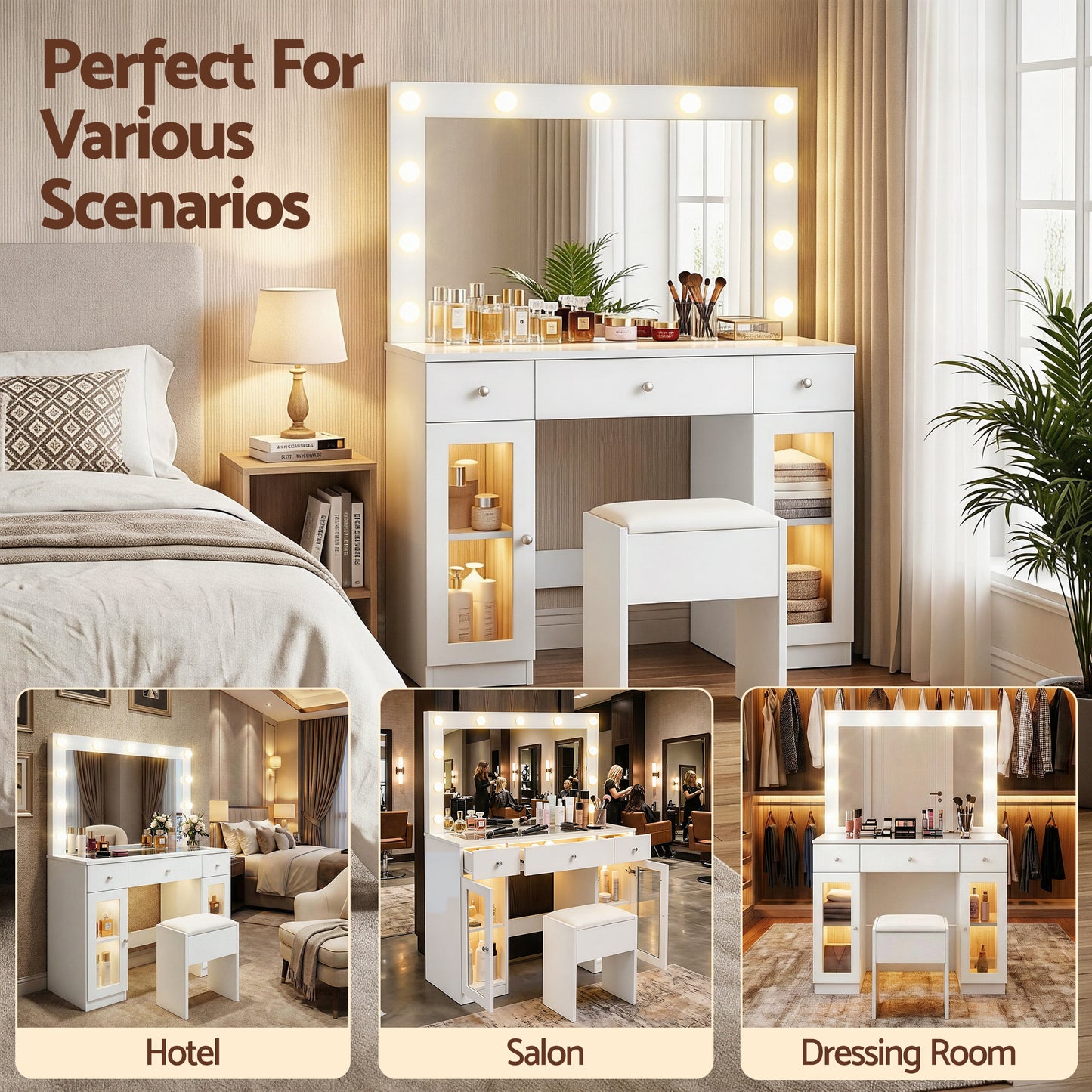 Dressing Table Vanity Desk Set LED Bulbs RGB Light - White